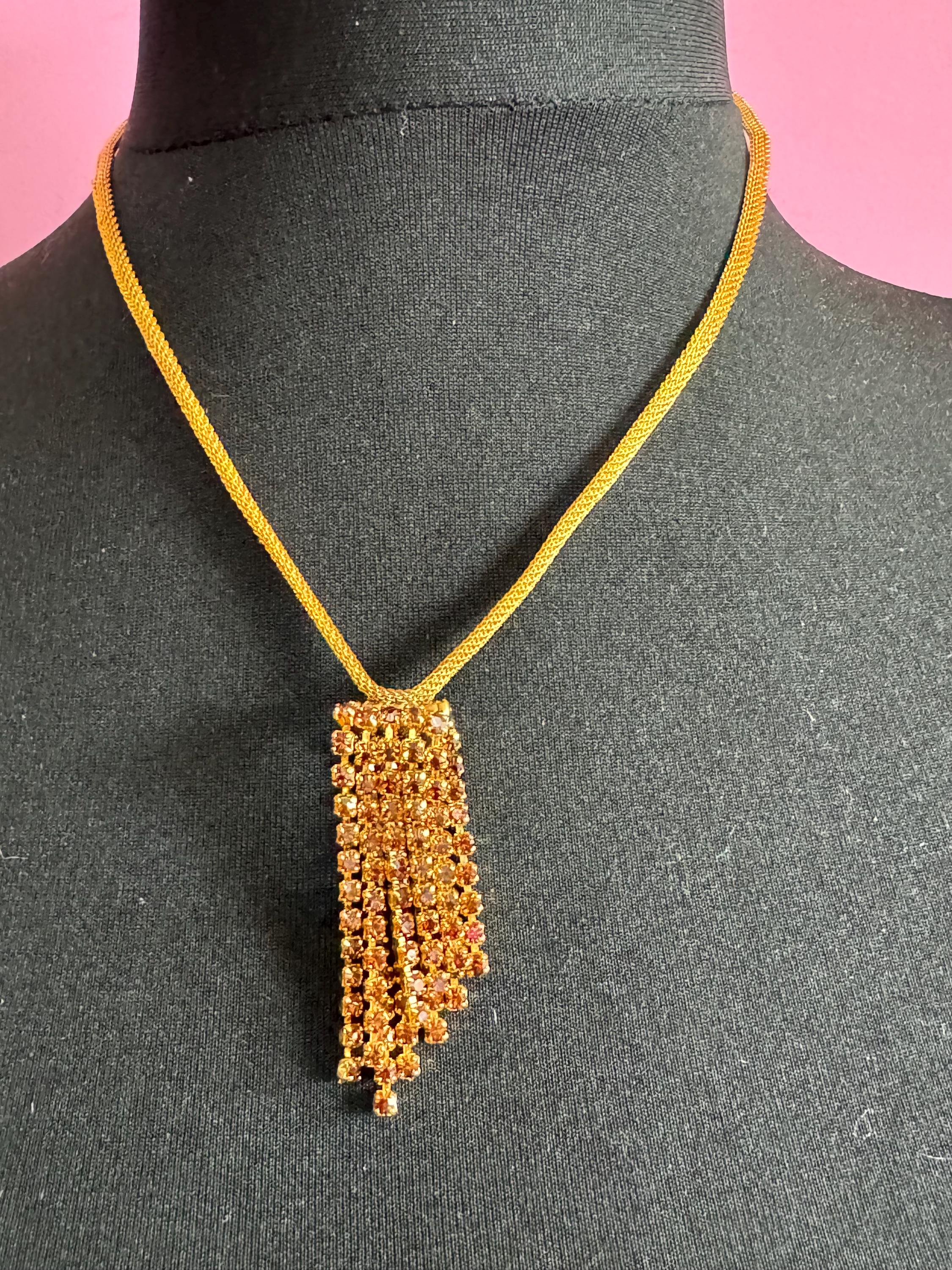 Vintage brown cognac glass diamanté rhinestone waterfall drop necklace gold tone