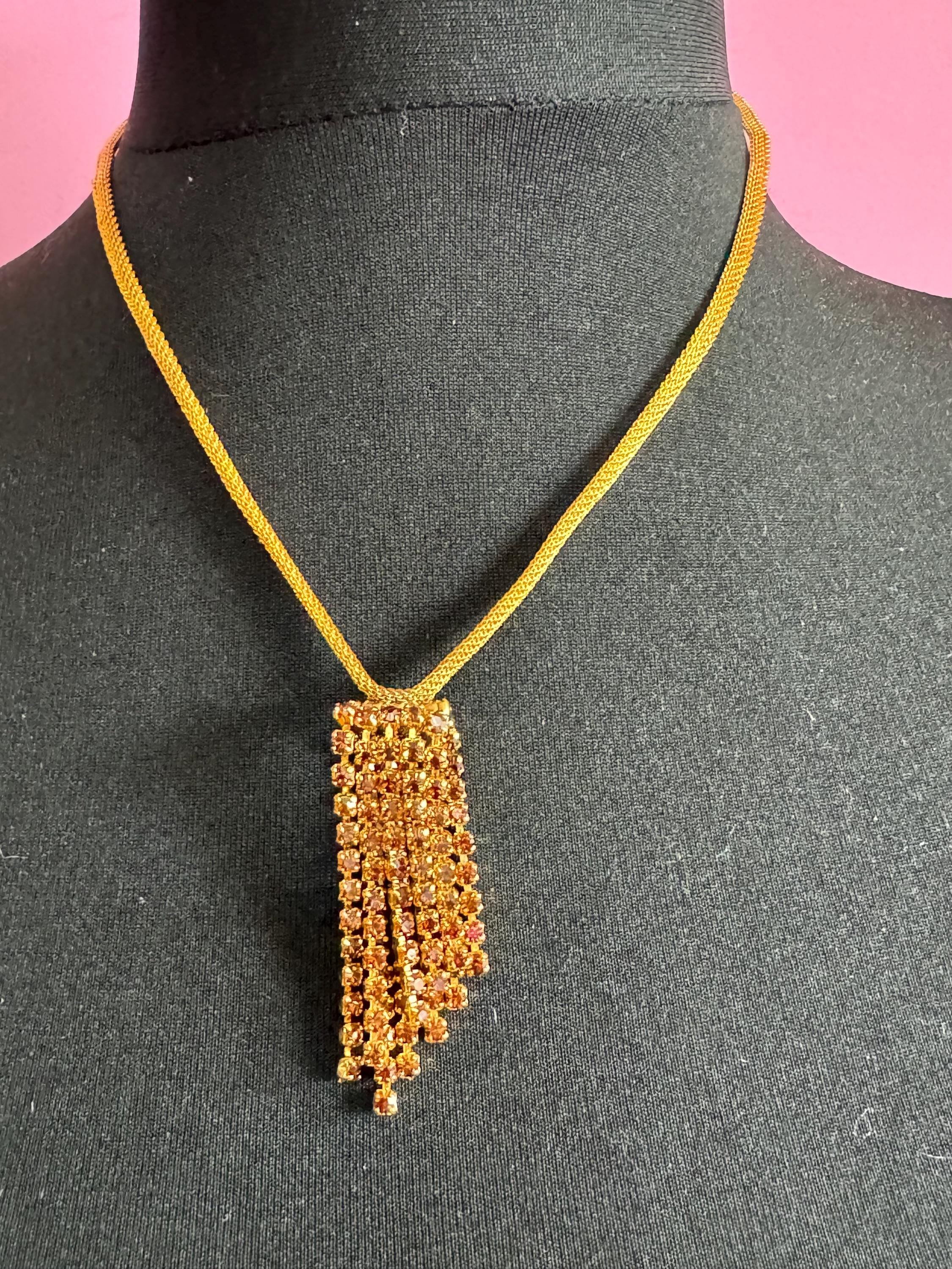 Vintage brown cognac glass diamanté rhinestone waterfall drop necklace gold tone