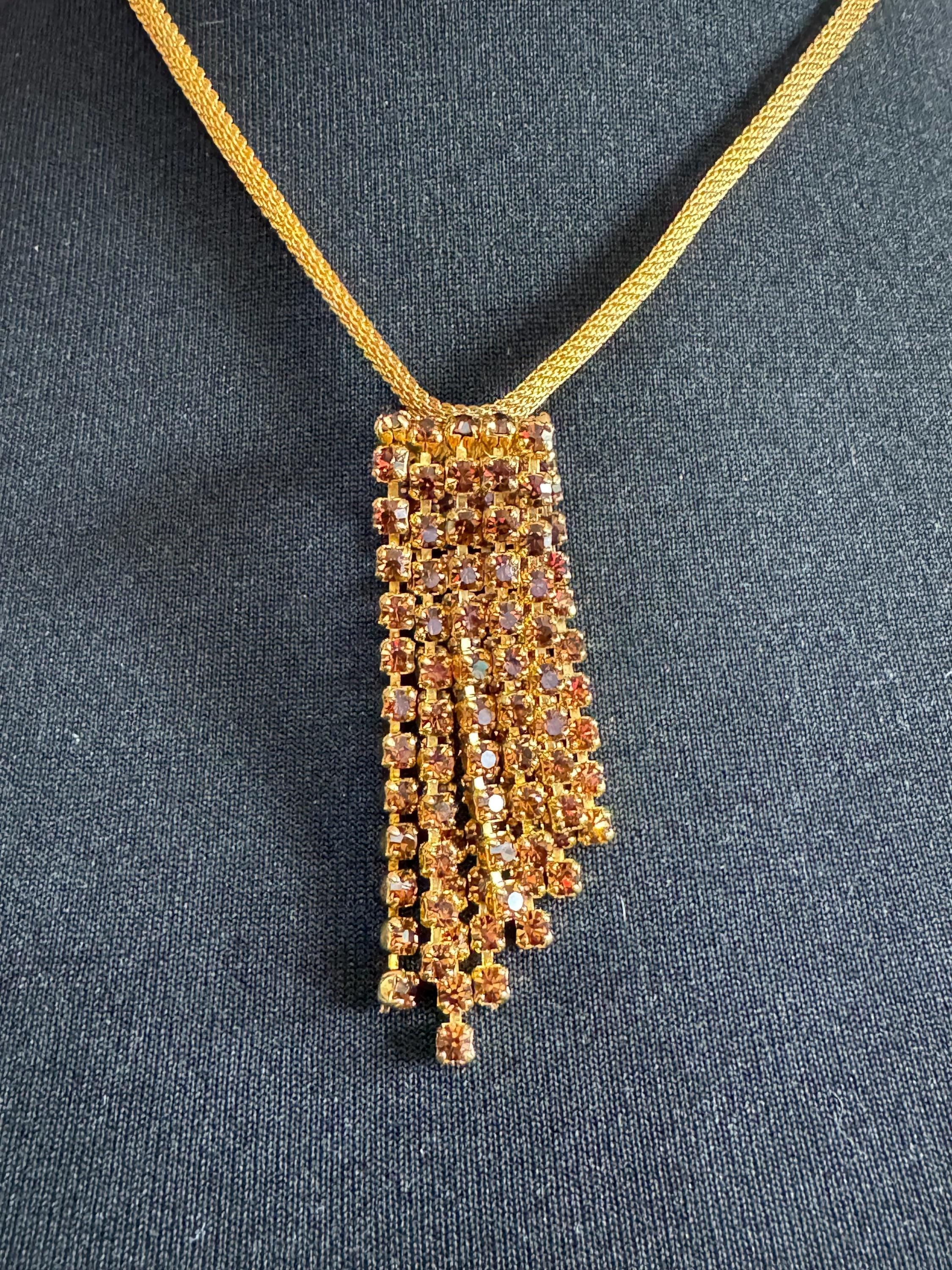 Vintage brown cognac glass diamanté rhinestone waterfall drop necklace gold tone
