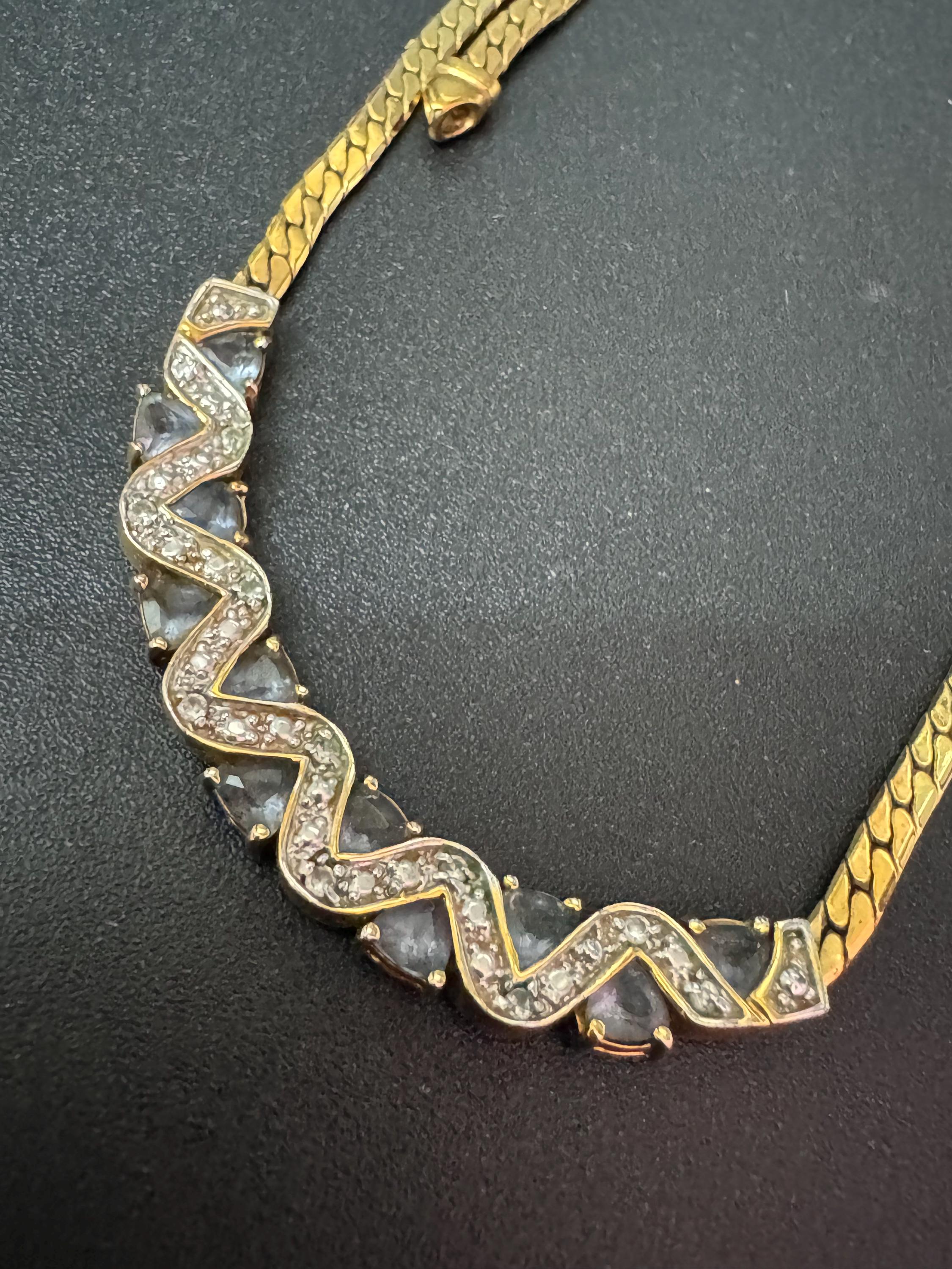 Vintage gold tone flat chain necklace with soft aquamarine blue and clear glass paste diamanté