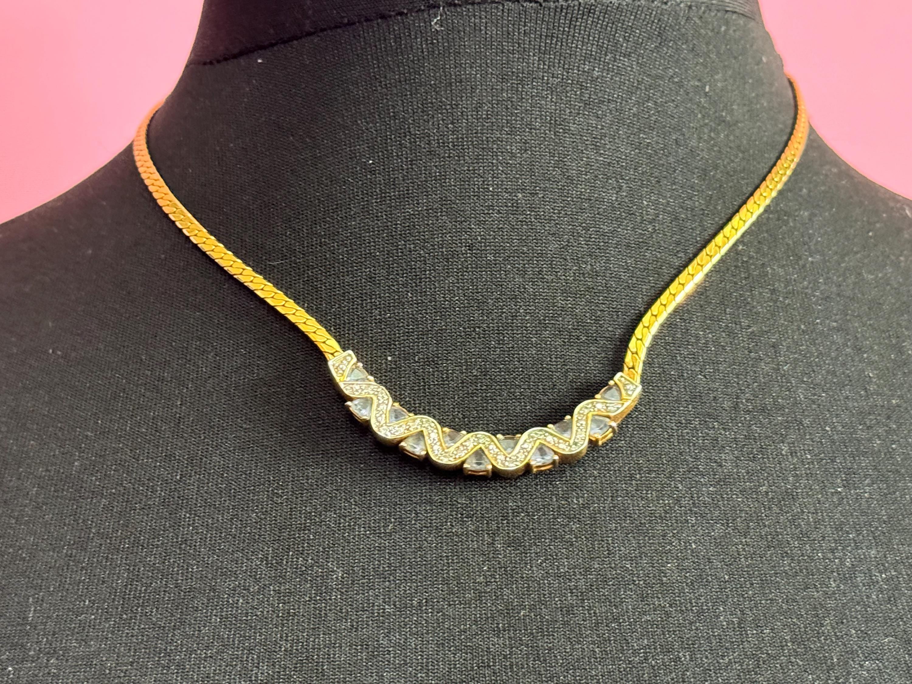 Vintage gold tone flat chain necklace with soft aquamarine blue and clear glass paste diamanté