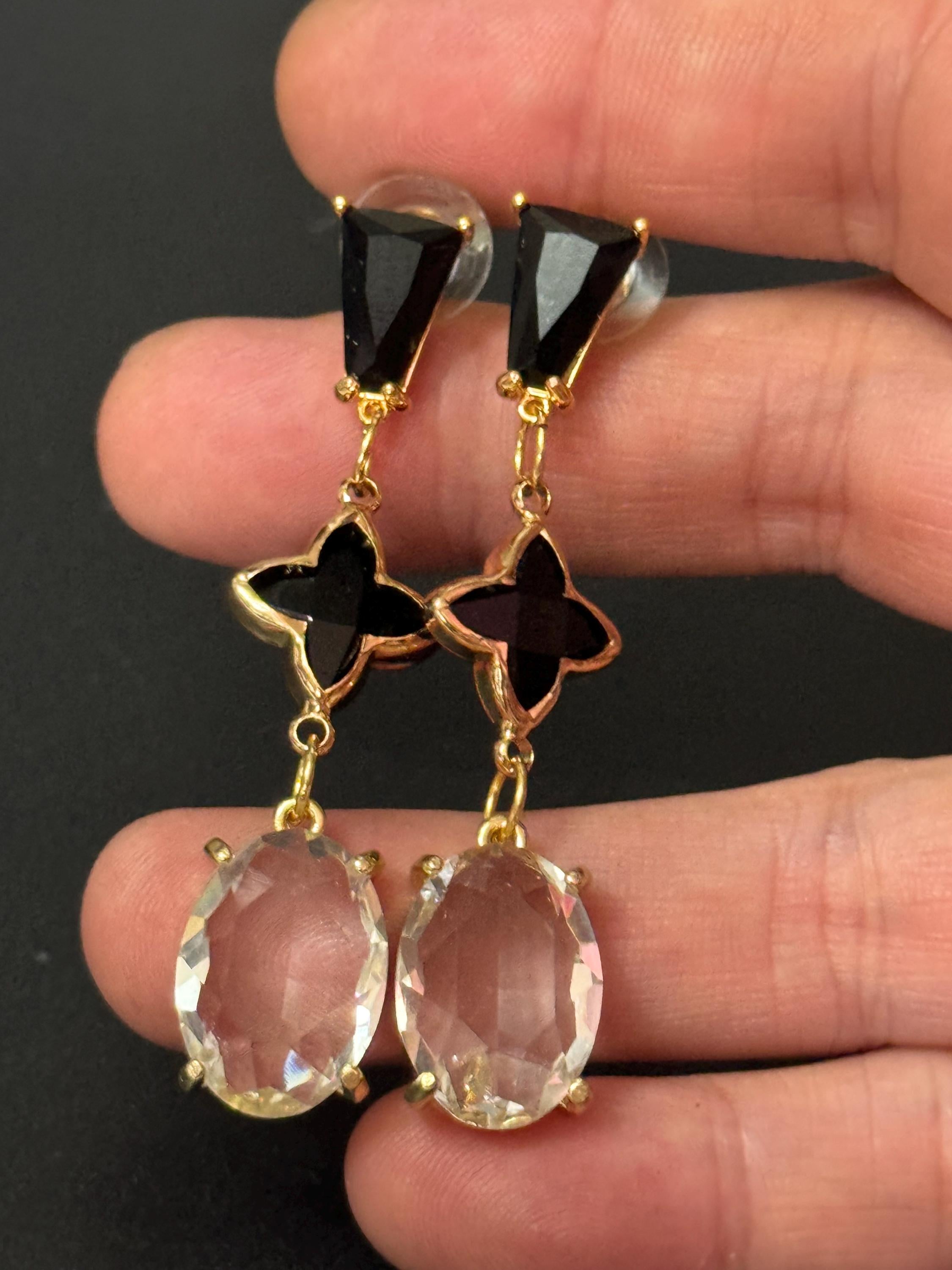 18k Gold plated clear and black crystal clover teardrop earrings