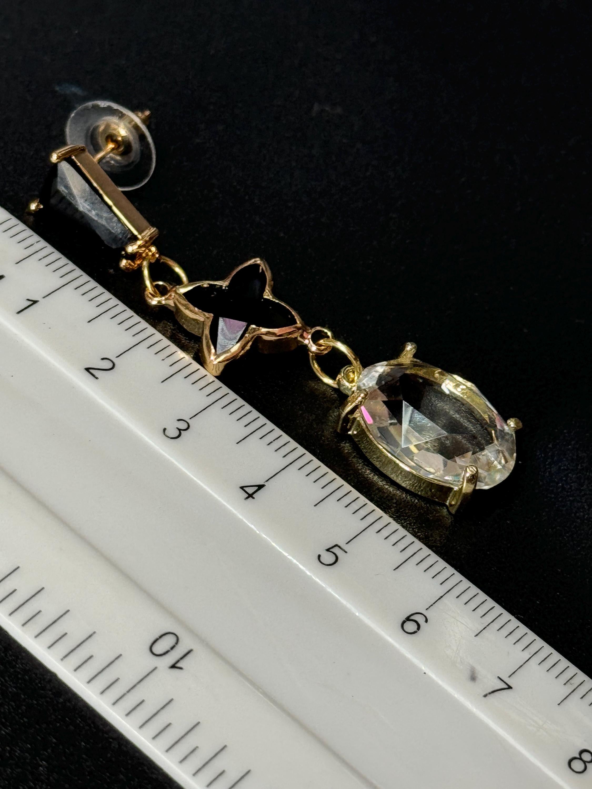 18k Gold plated clear and black crystal clover teardrop earrings
