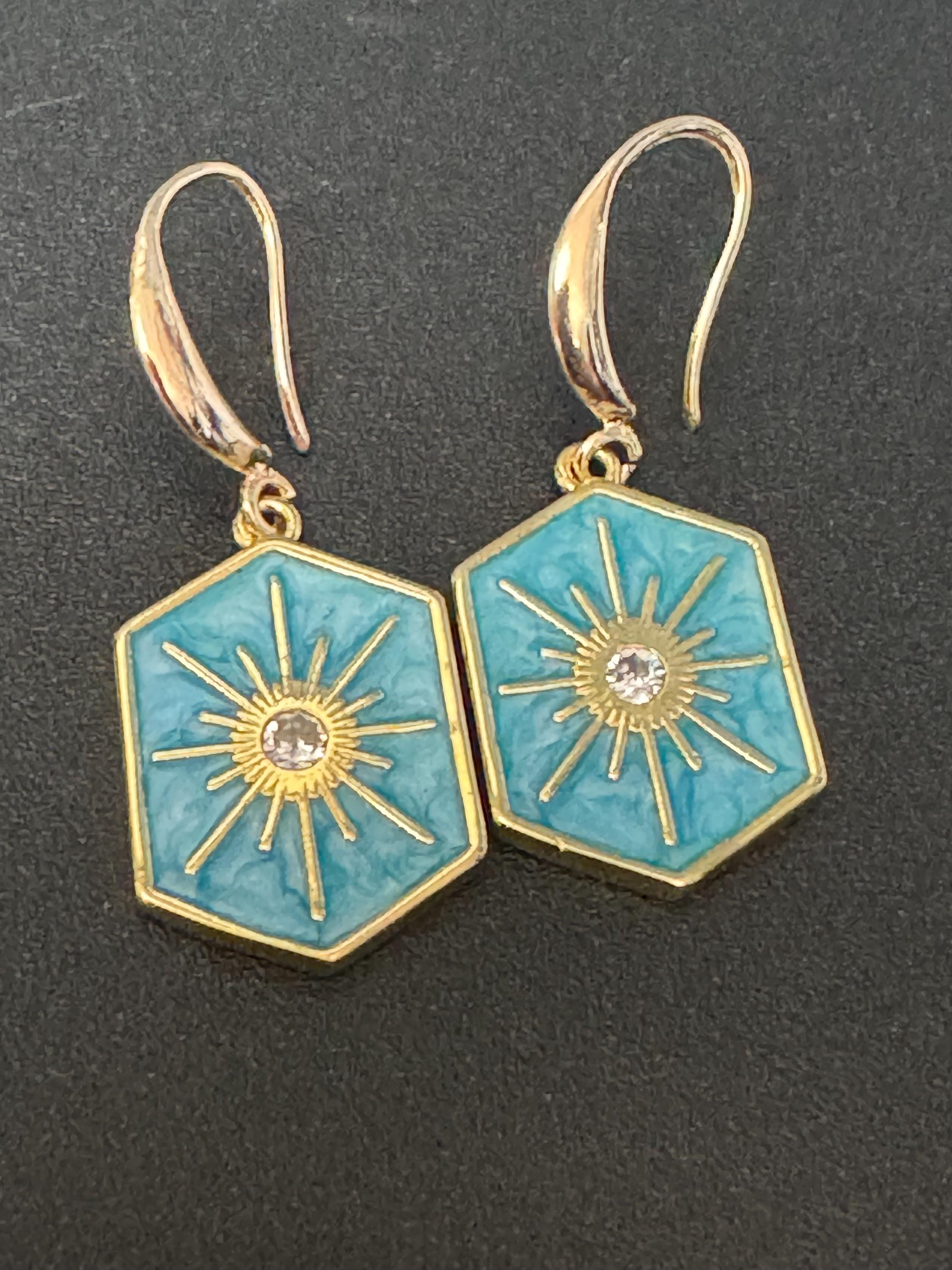 18k gold plated turquoise blue enamel Victorian octagonal star charm panel earrings