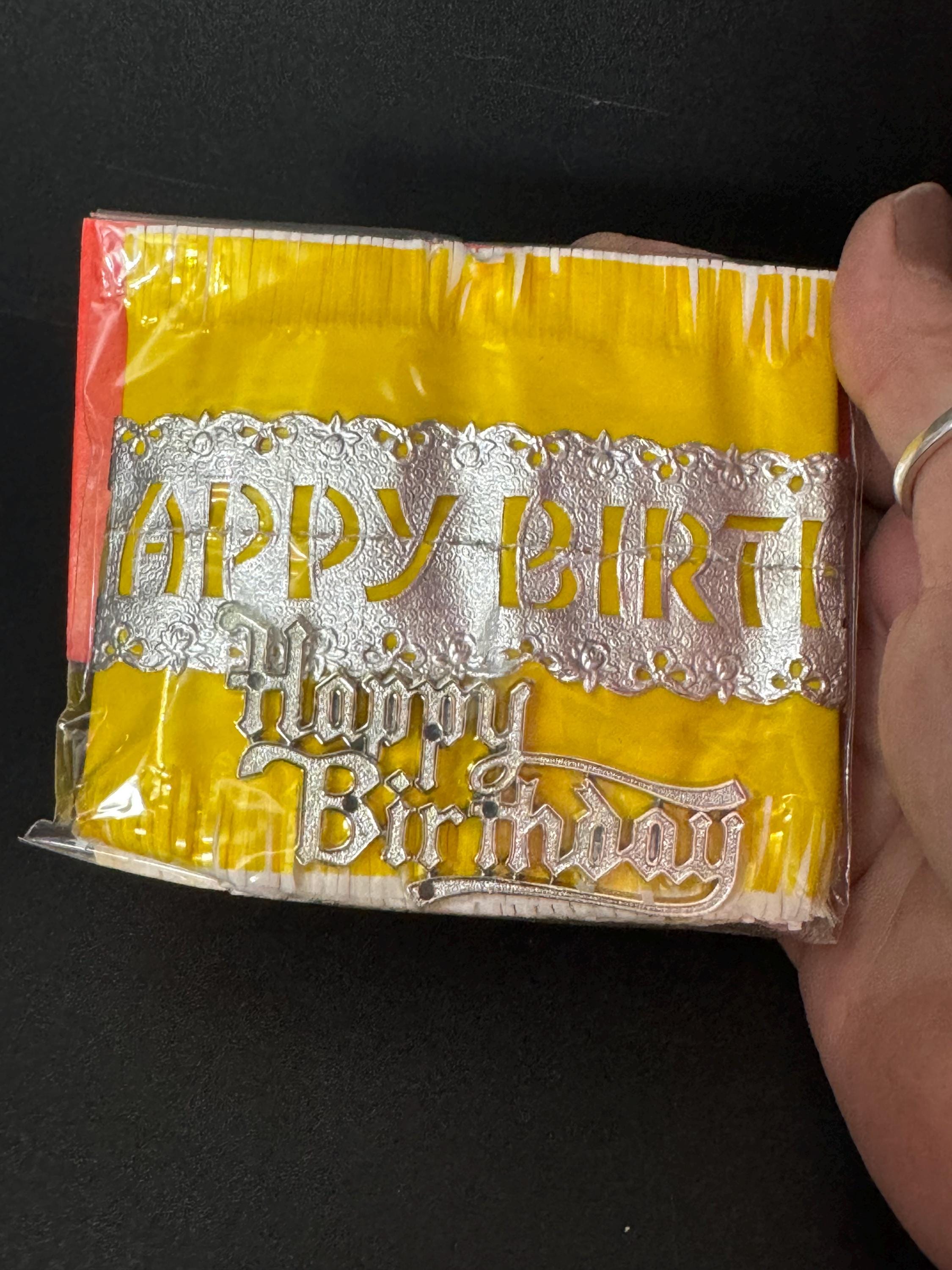 yellow silver tissue paper cake frill ribbon band and silver HAPPY BIRTHDAY cake topper vintage