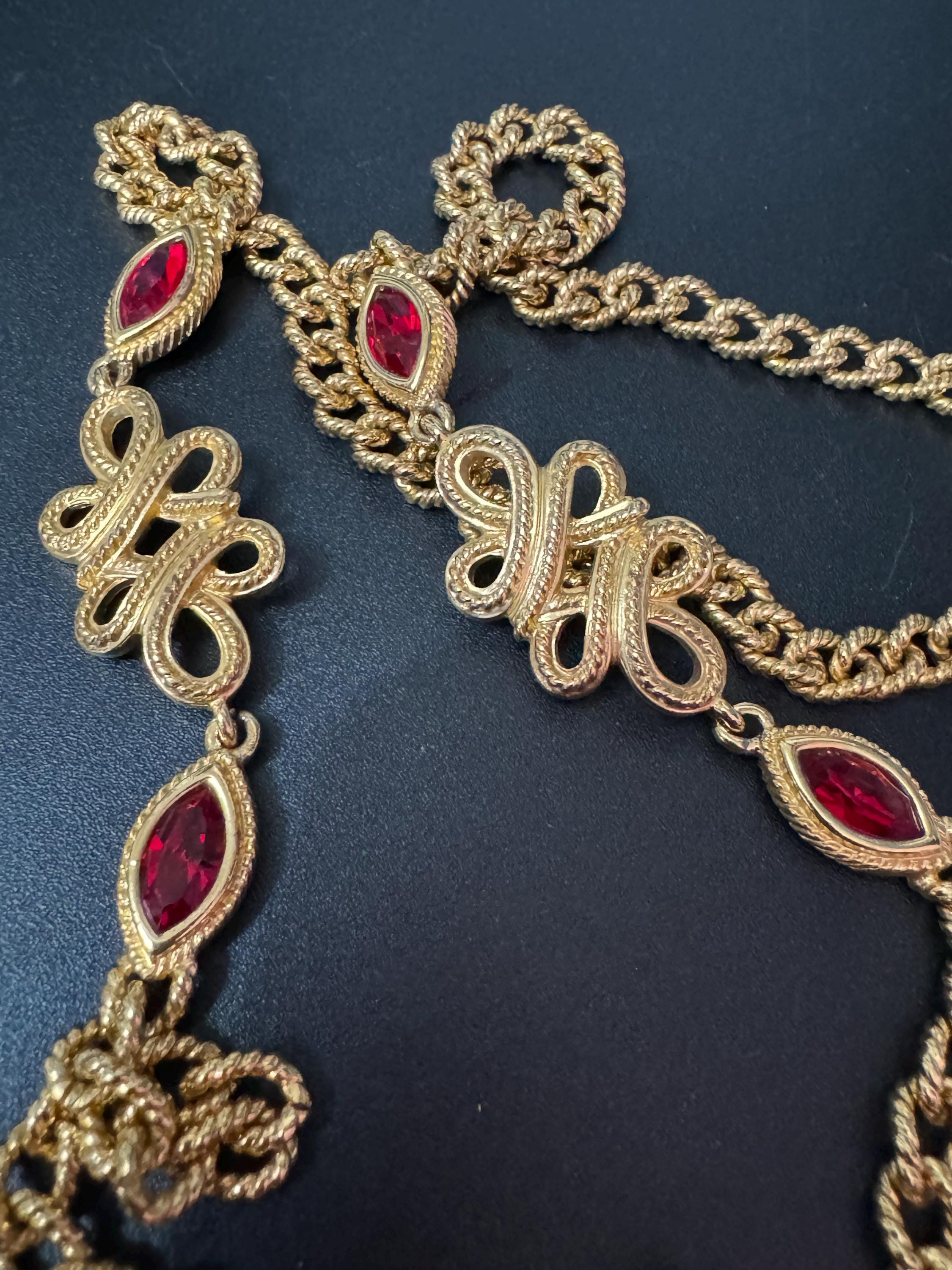 Signed Swarovski gold tone ruby red crystal diamanté designer long layering necklace 80cm