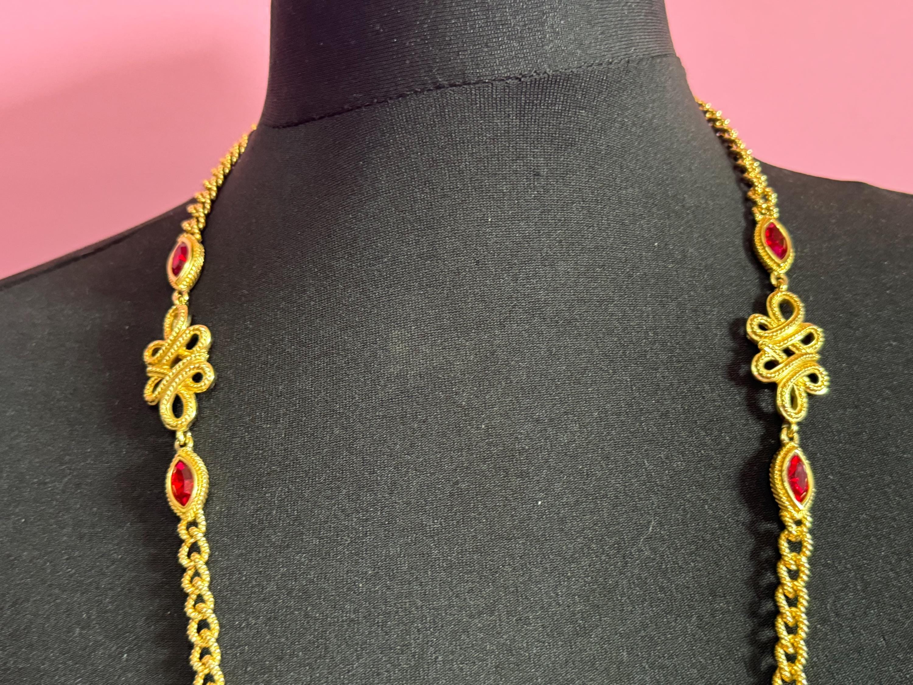 Signed Swarovski gold tone ruby red crystal diamanté designer long layering necklace 80cm