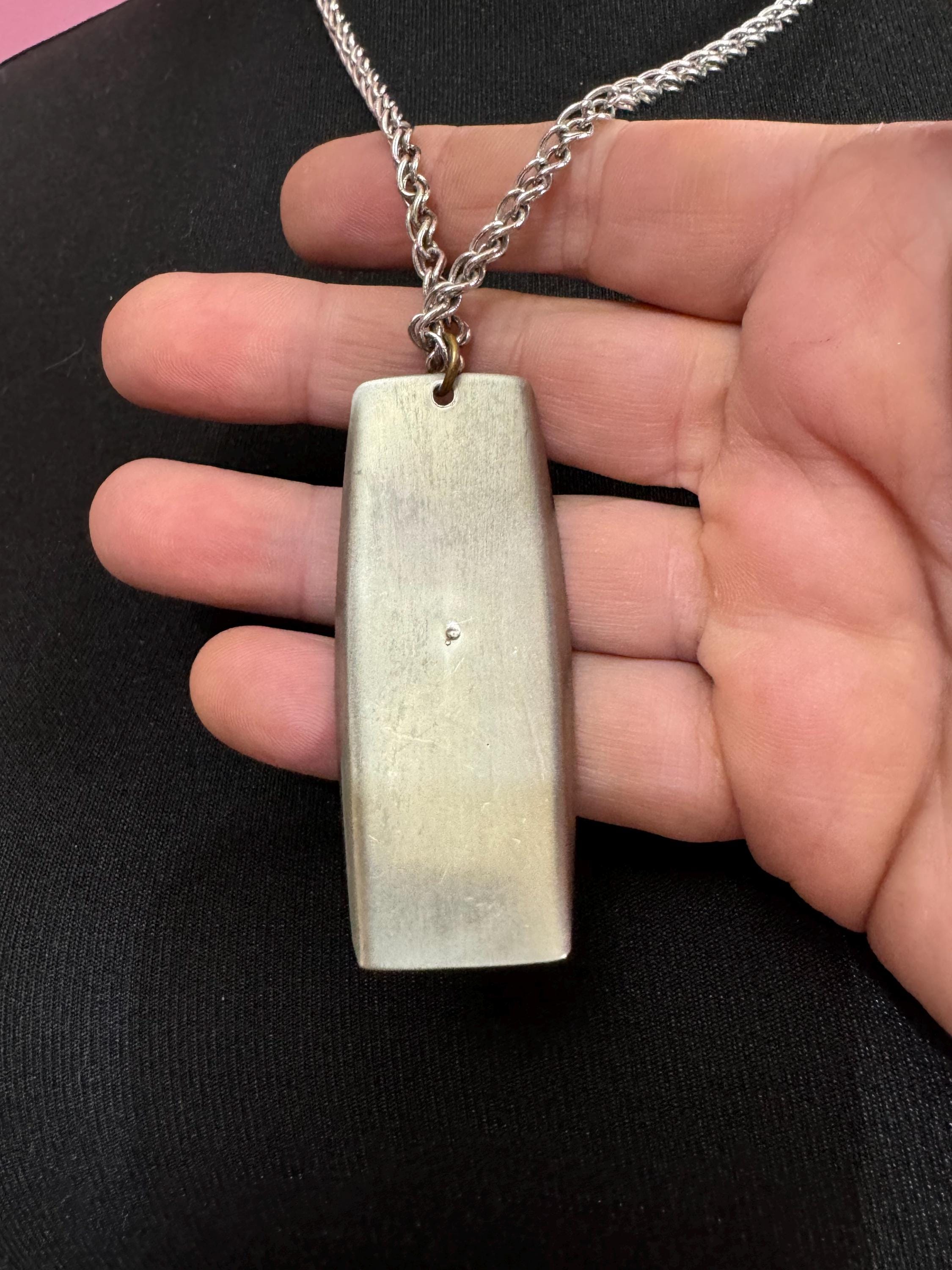 Vintage Modernist silver tone stainless Steel pendant necklace 60cm central MOP pearl abalone shell Mid Century 1960s 1970s