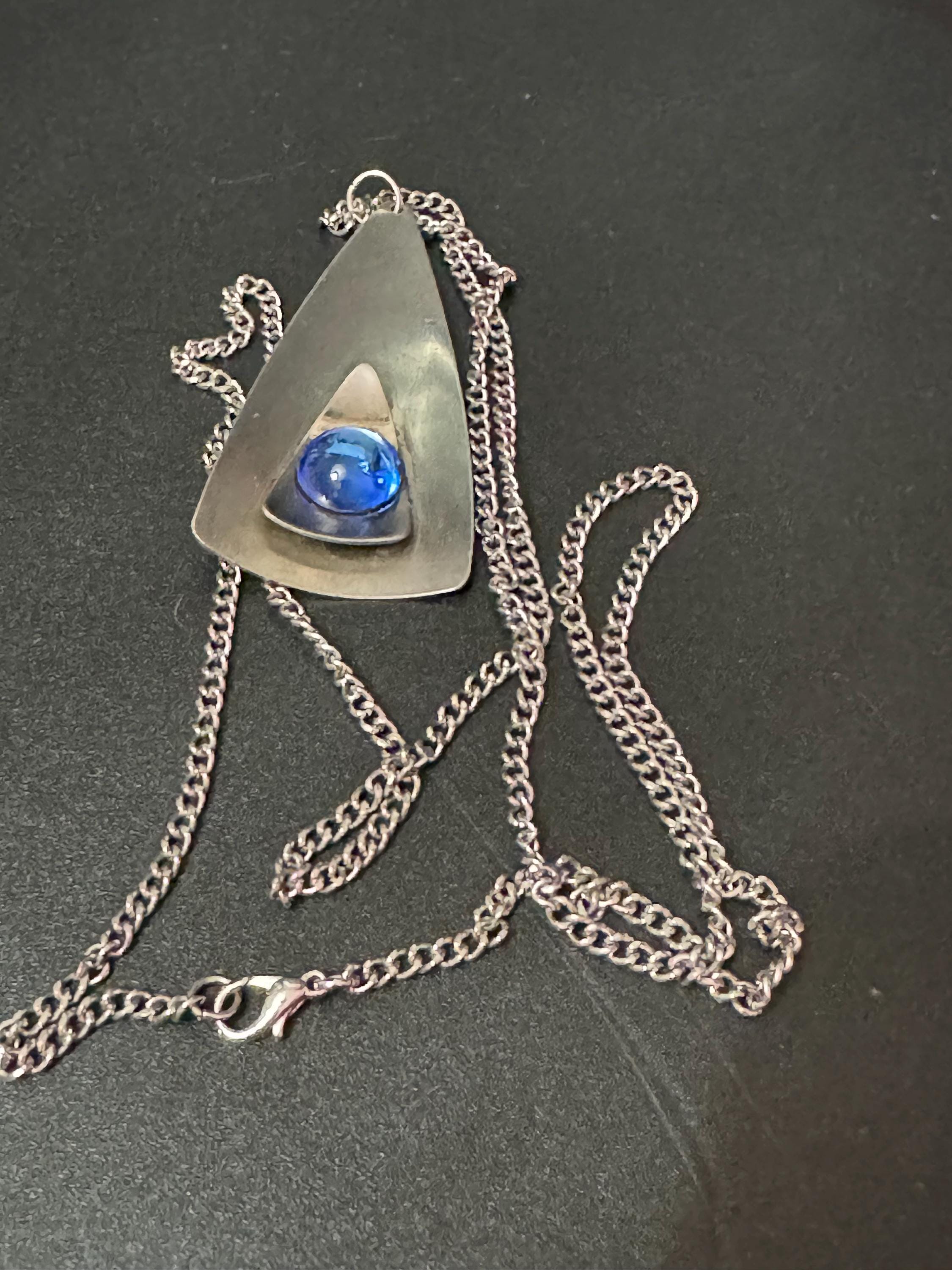 Vintage Modernist Stainless Steel Pendant Necklace: Blue Glass Cabochon, 1960s-70s