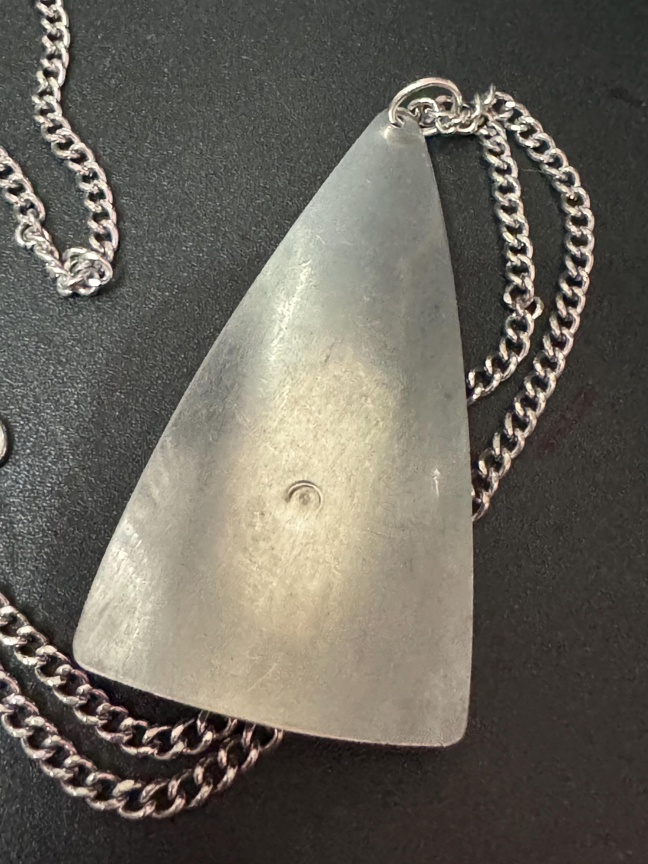 Vintage Modernist Stainless Steel Pendant Necklace: Blue Glass Cabochon, 1960s-70s