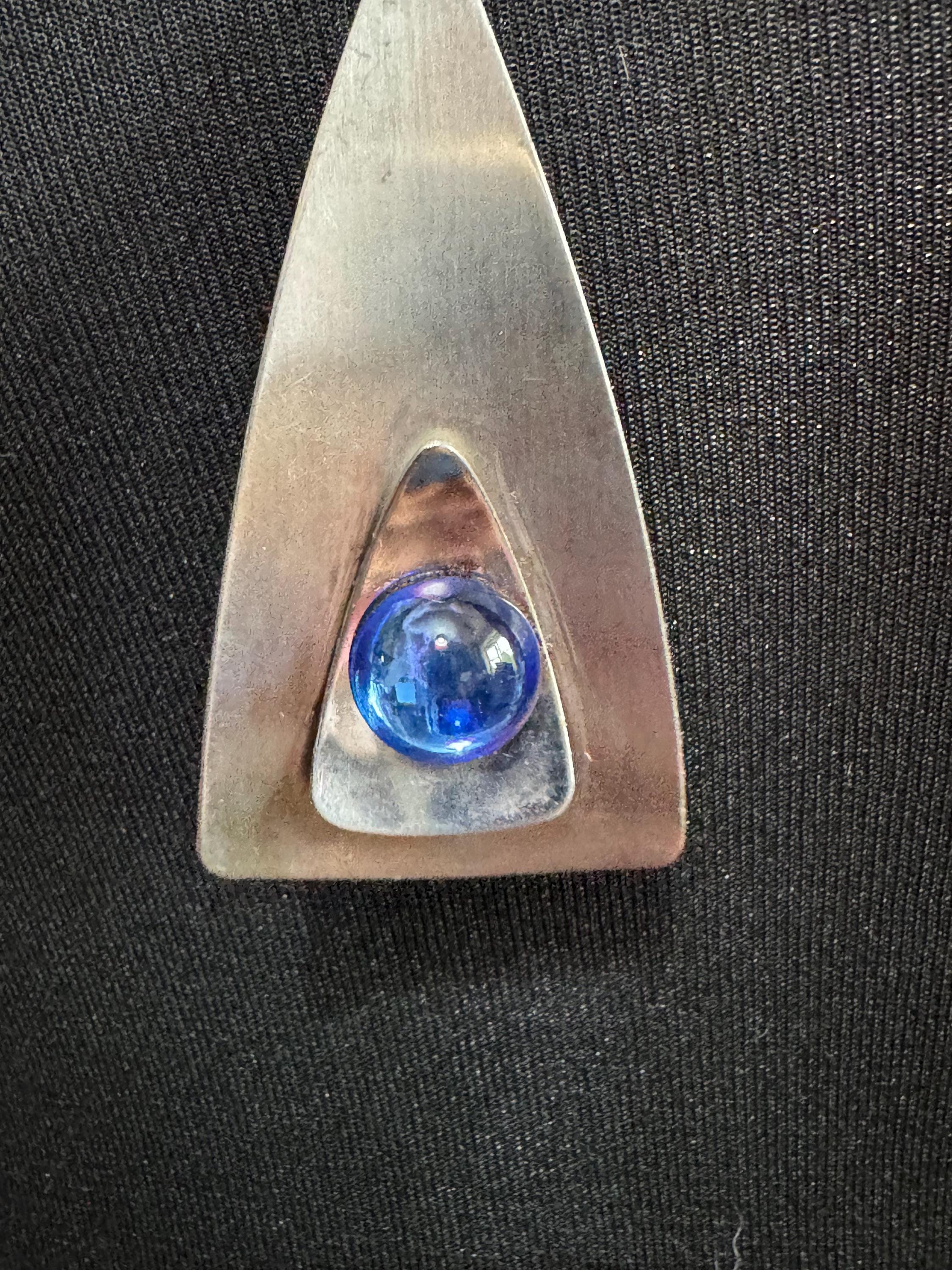 Vintage Modernist Stainless Steel Pendant Necklace: Blue Glass Cabochon, 1960s-70s