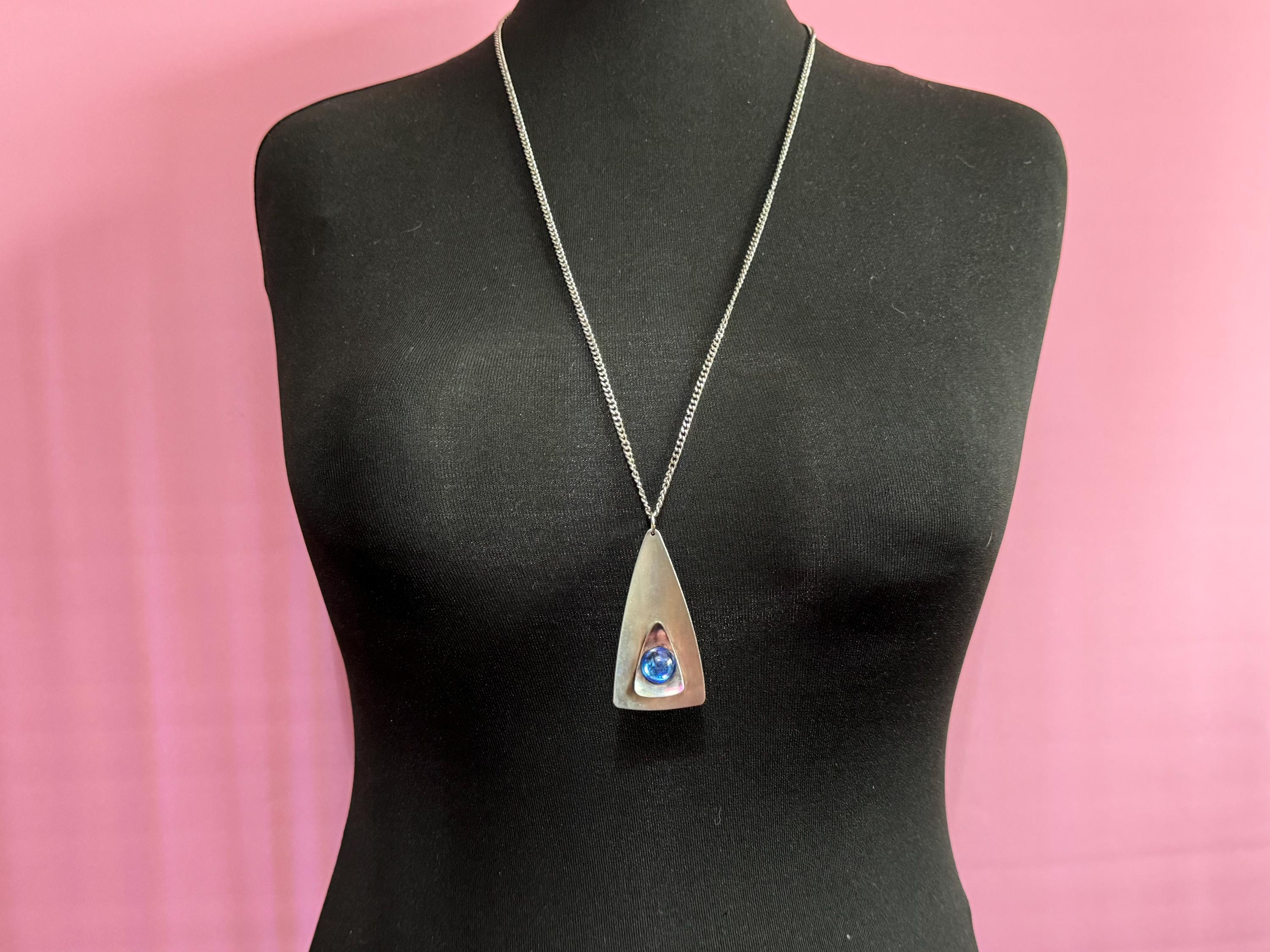 Vintage Modernist Stainless Steel Pendant Necklace: Blue Glass Cabochon, 1960s-70s