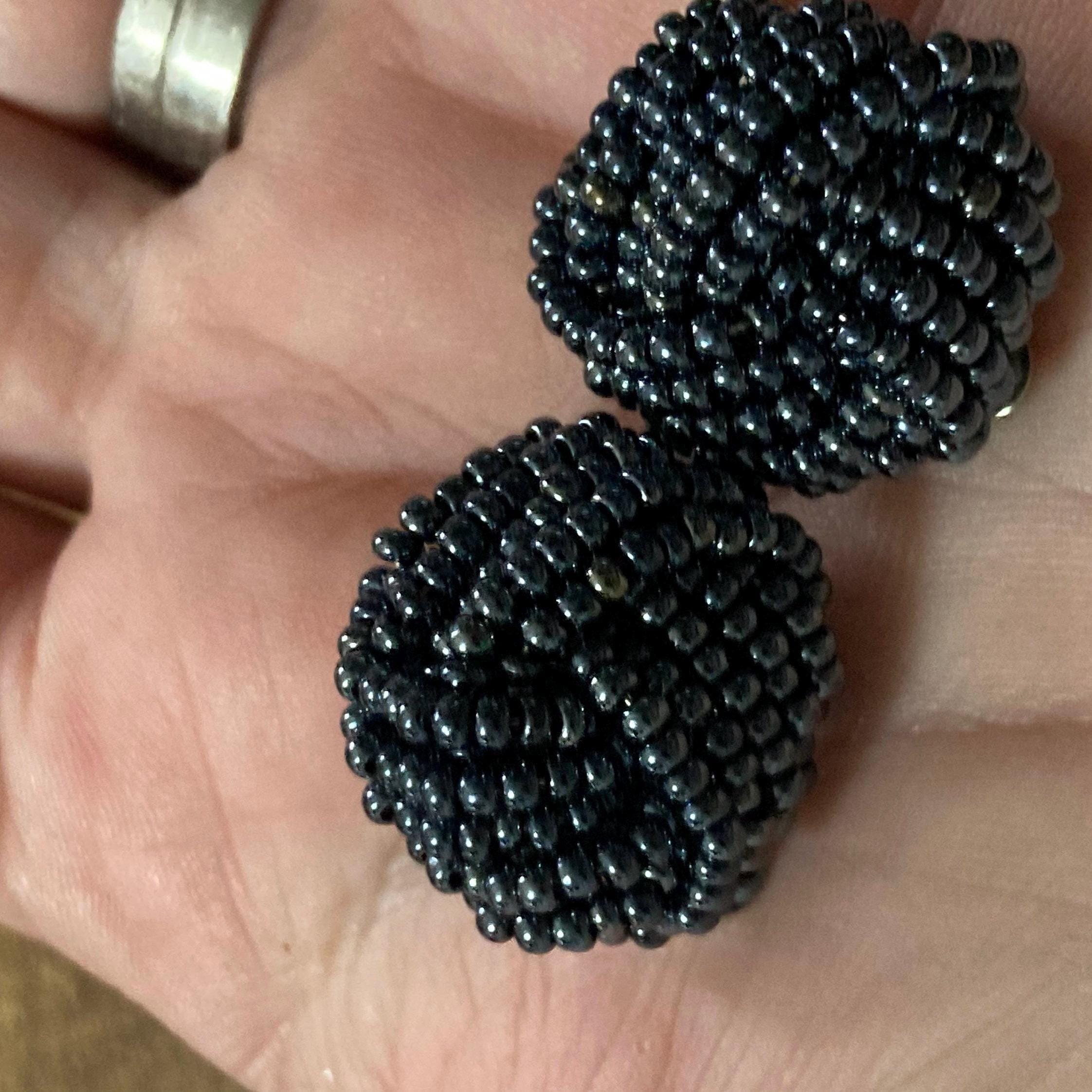 Black seed bead turban clip on earrings vintage