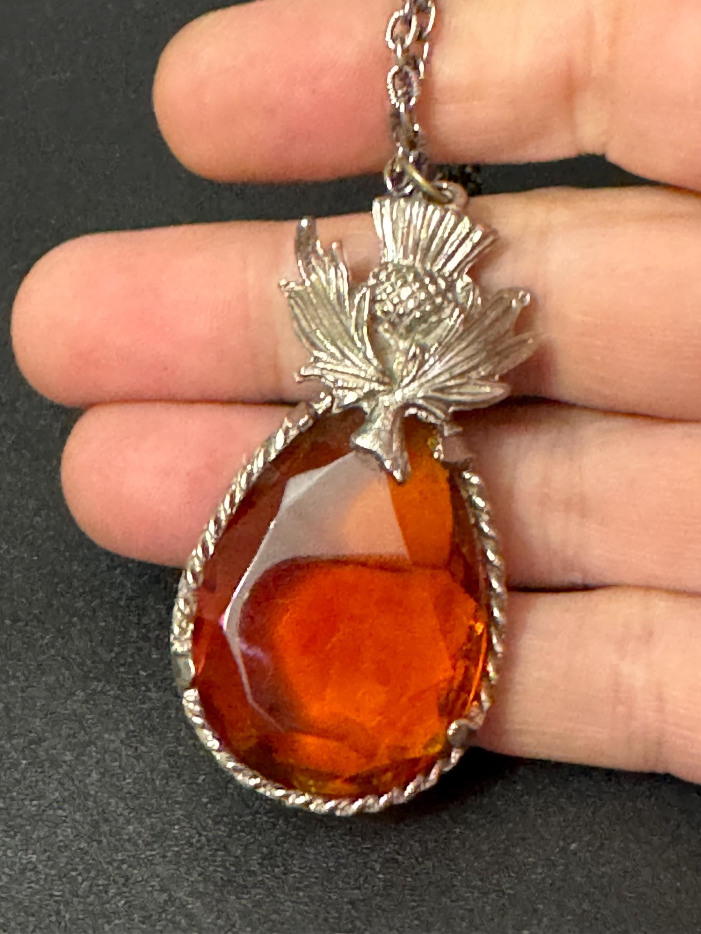 Scottish thistle silver tone orange faceted Glass teardrop pendant on 60cm chain Vintage
