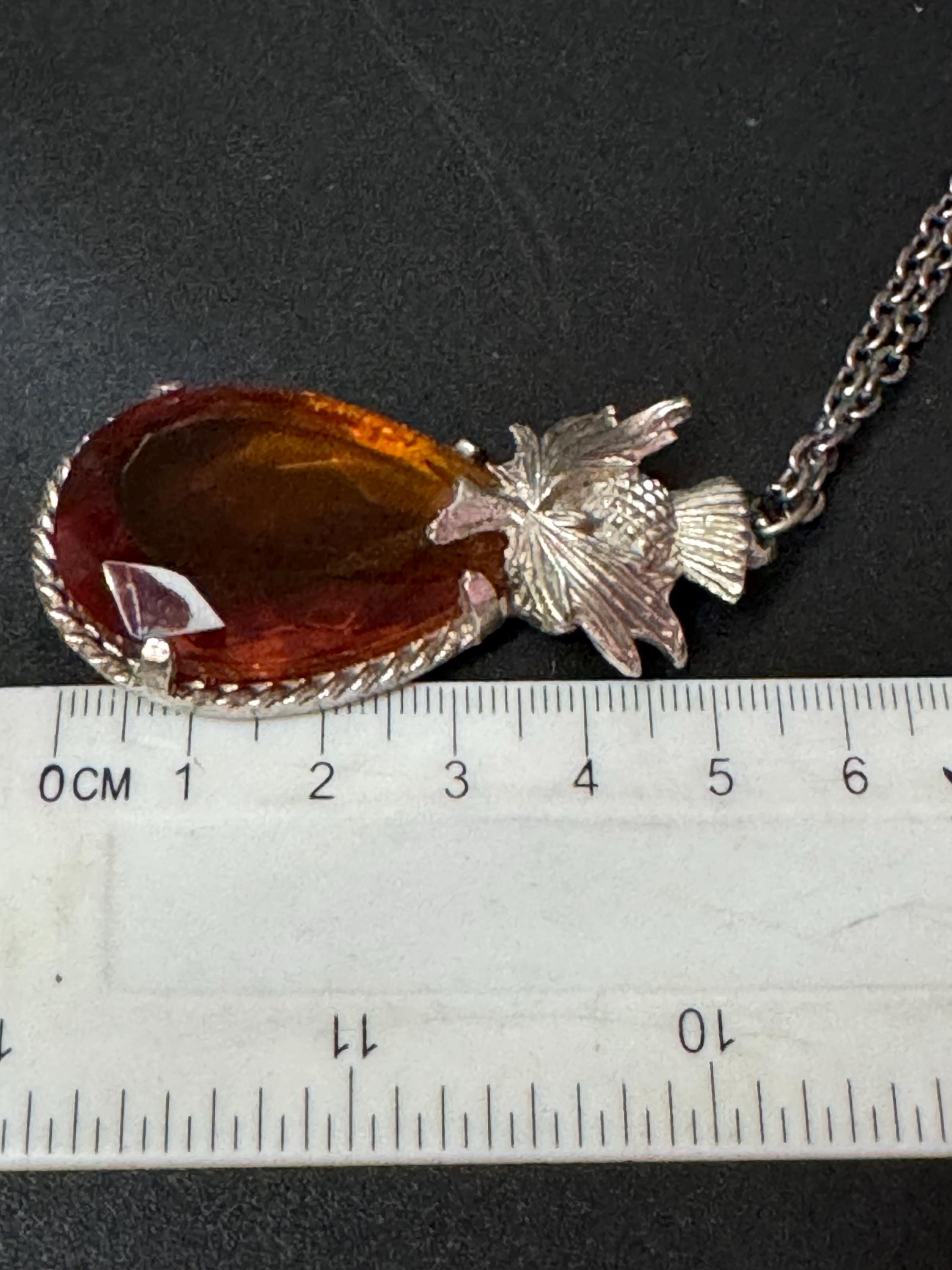 Scottish thistle silver tone orange faceted Glass teardrop pendant on 60cm chain Vintage