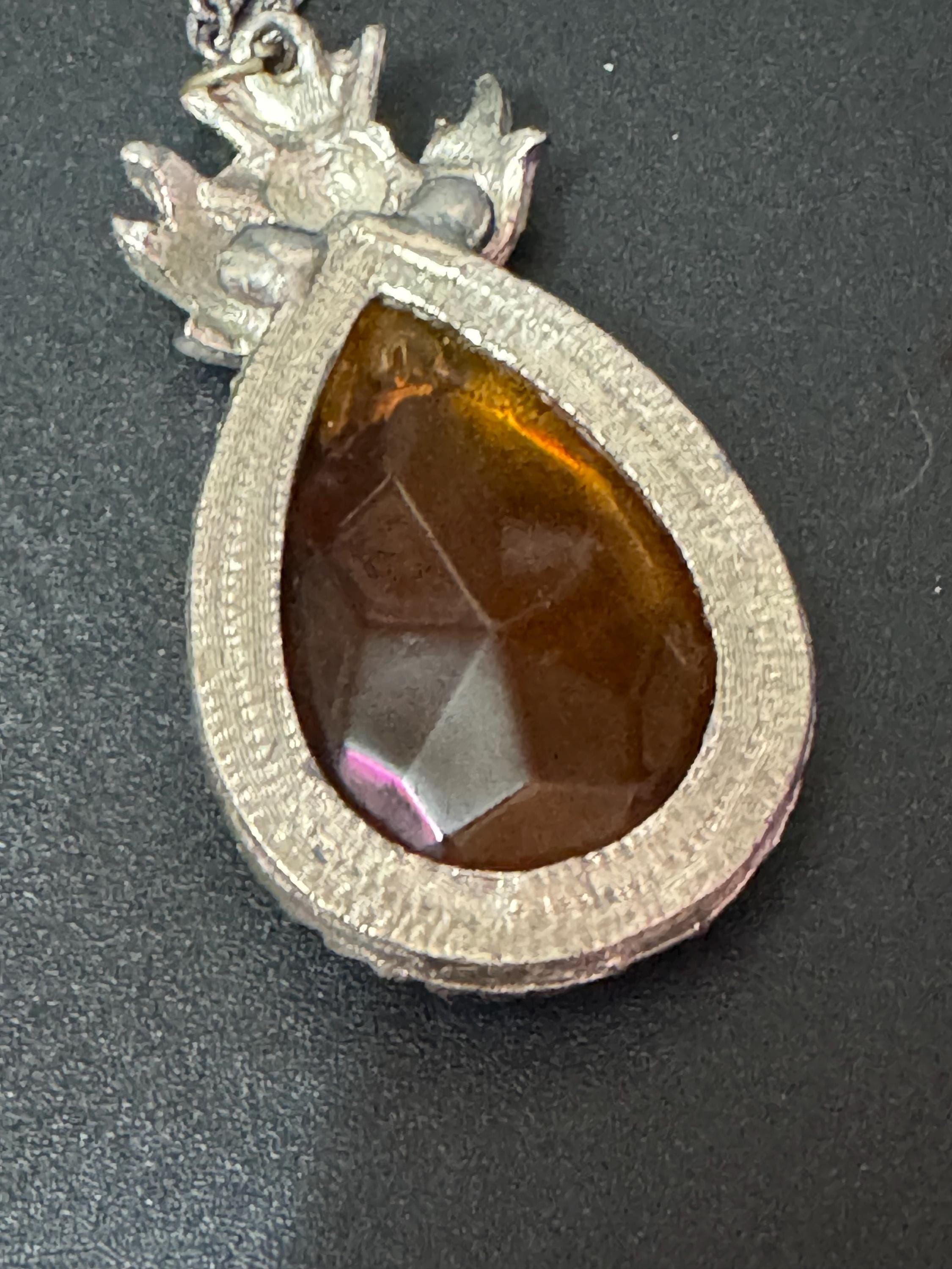 Scottish thistle silver tone orange faceted Glass teardrop pendant on 60cm chain Vintage