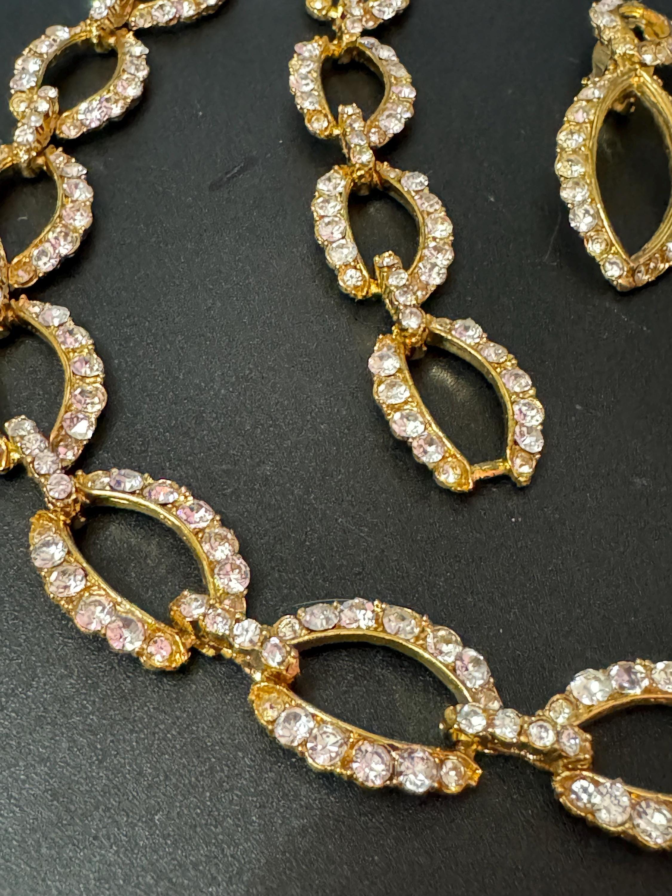 Vintage gold tone clear diamanté rhinestone wide choker necklace bracelet and long drop clip on earring matching set