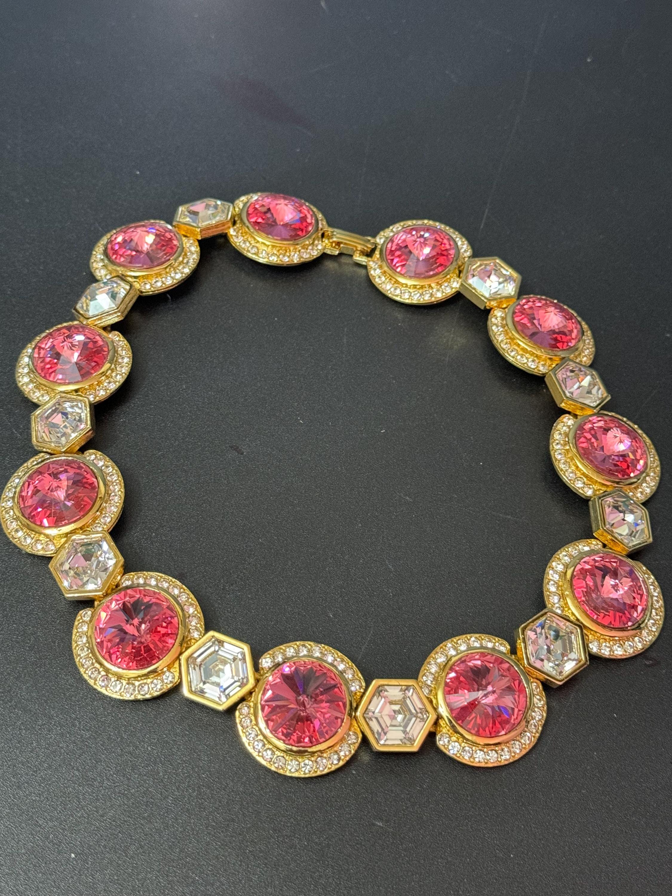 High end Vintage Swarovski Crystal gold tone pink and clear rivoli set rhinestone wide statement choker necklace old shop stock