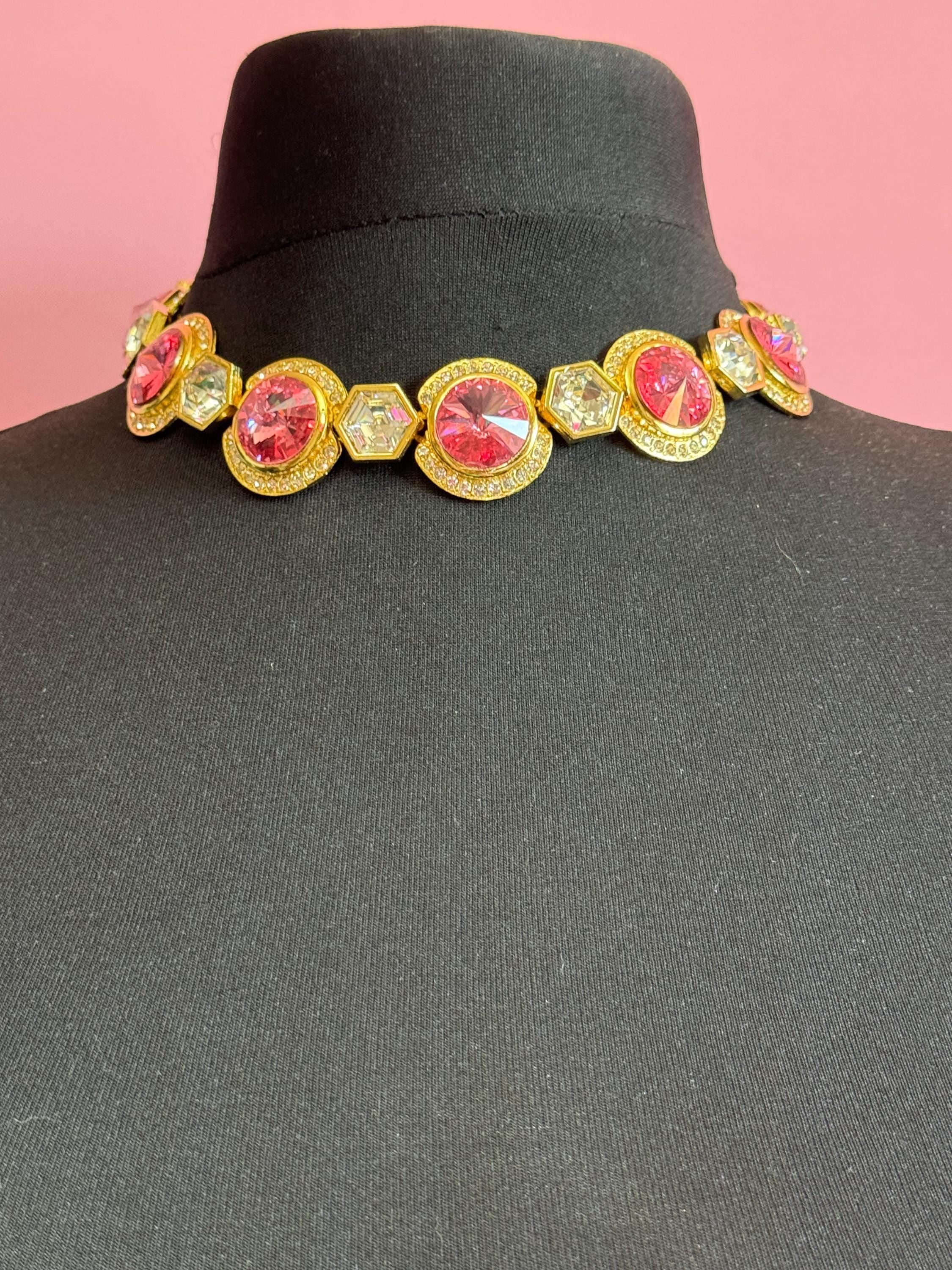 High end Vintage Swarovski Crystal gold tone pink and clear rivoli set rhinestone wide statement choker necklace old shop stock