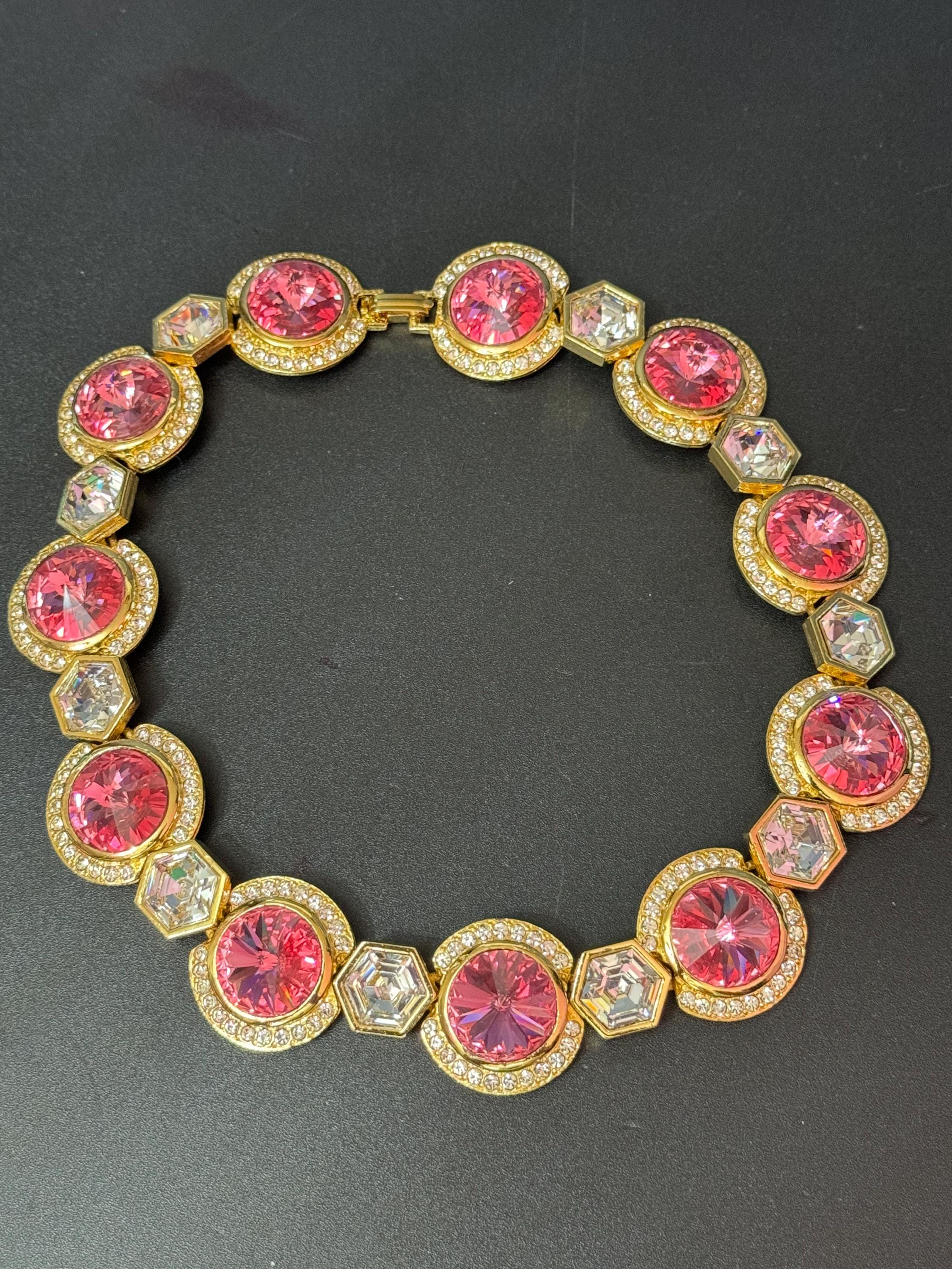 High end Vintage Swarovski Crystal gold tone pink and clear rivoli set rhinestone wide statement choker necklace old shop stock