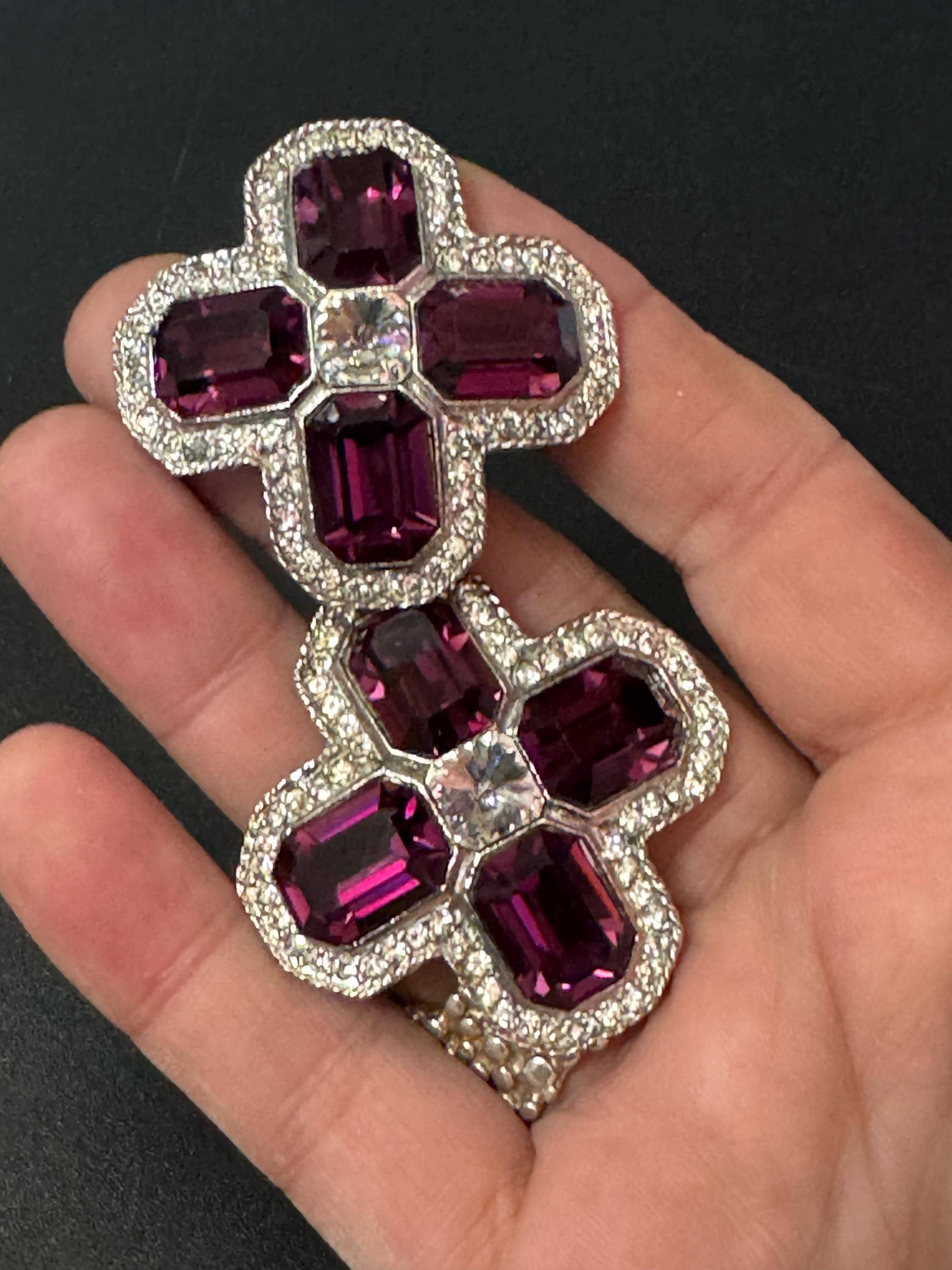 vintage oversized 4cm silver tone purple and clear Swarovski crystal cross earrings 1980s high end old shop stock
