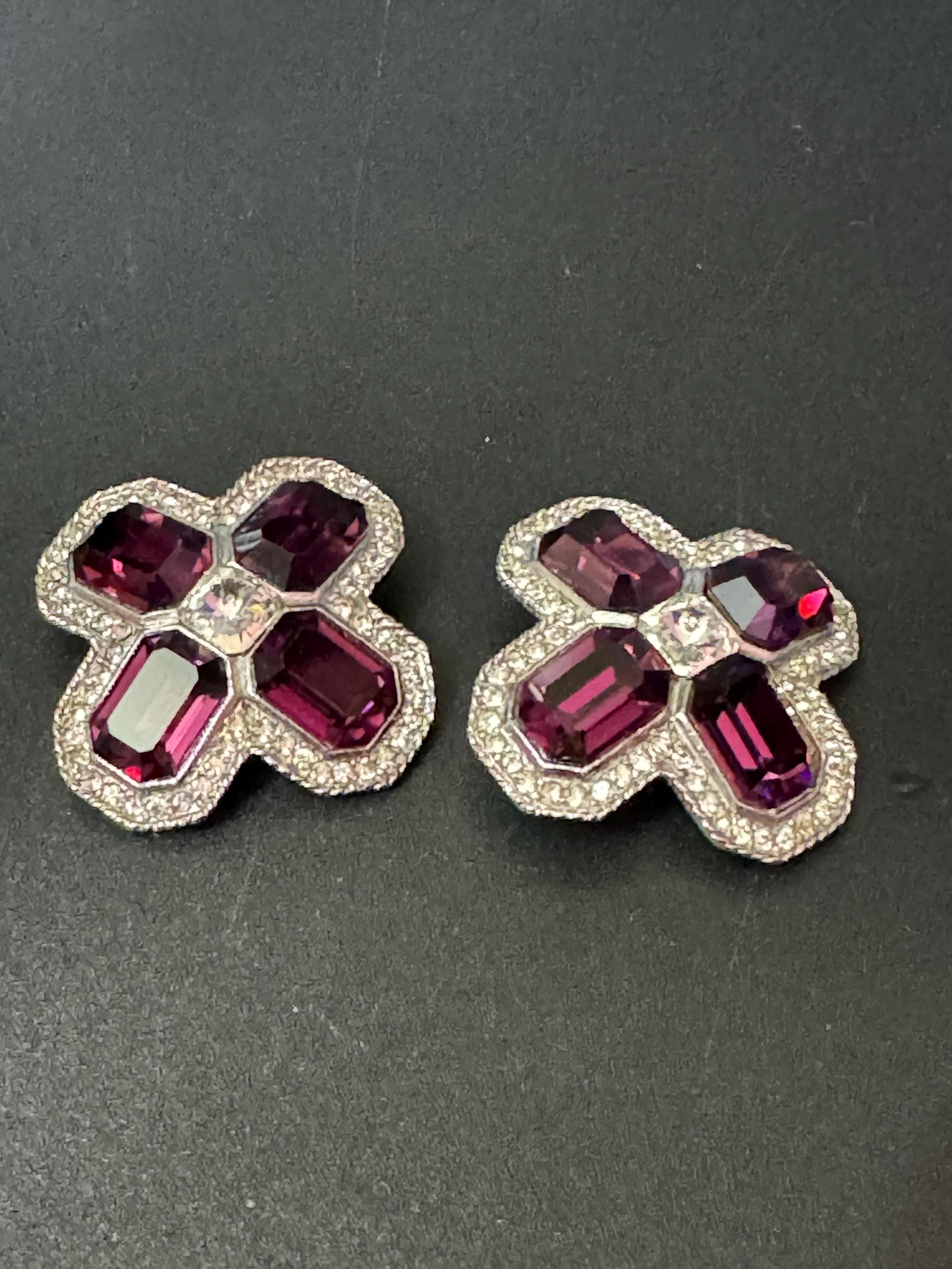 vintage oversized 4cm silver tone purple and clear Swarovski crystal cross earrings 1980s high end old shop stock
