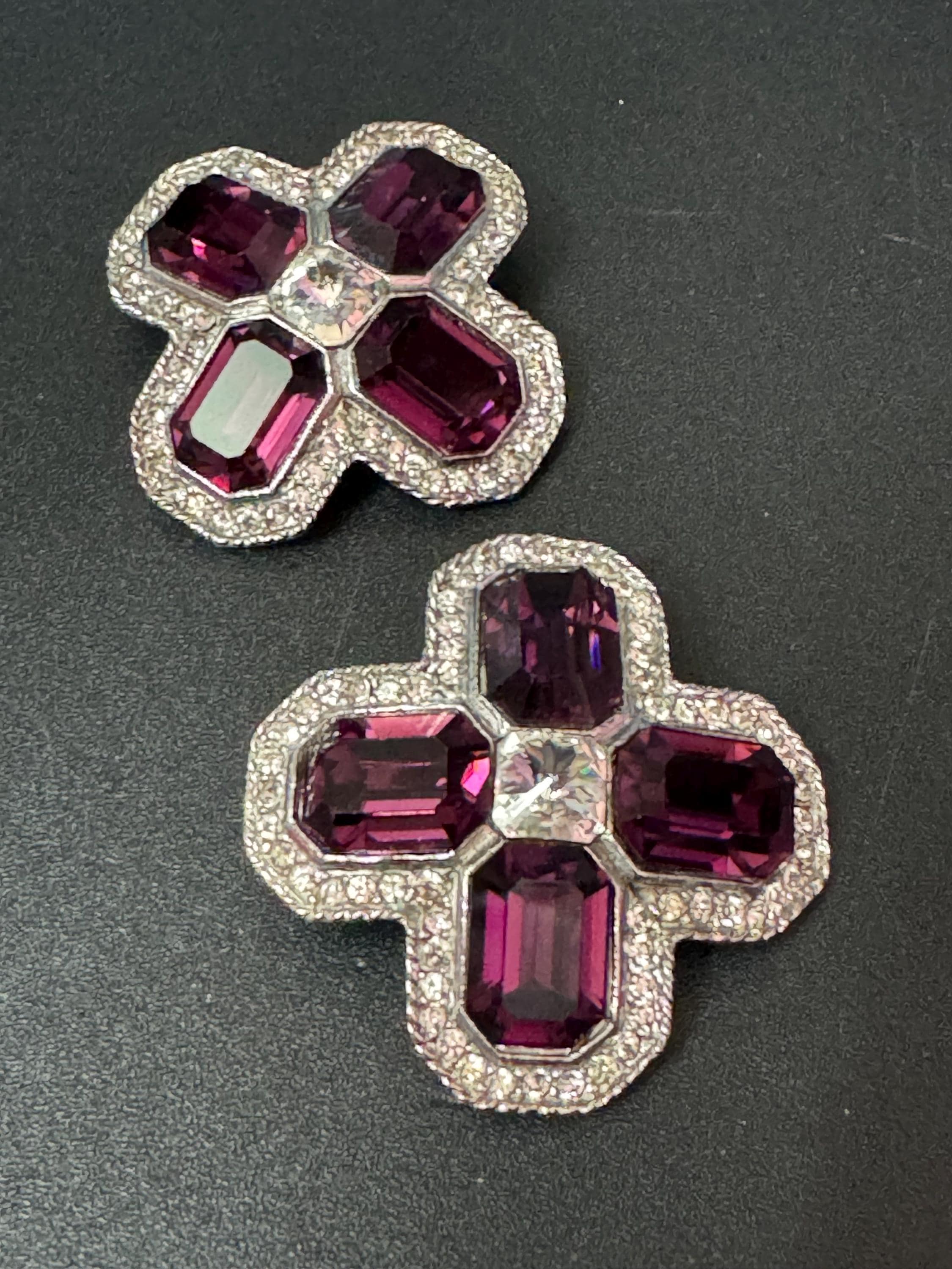 vintage oversized 4cm silver tone purple and clear Swarovski crystal cross earrings 1980s high end old shop stock