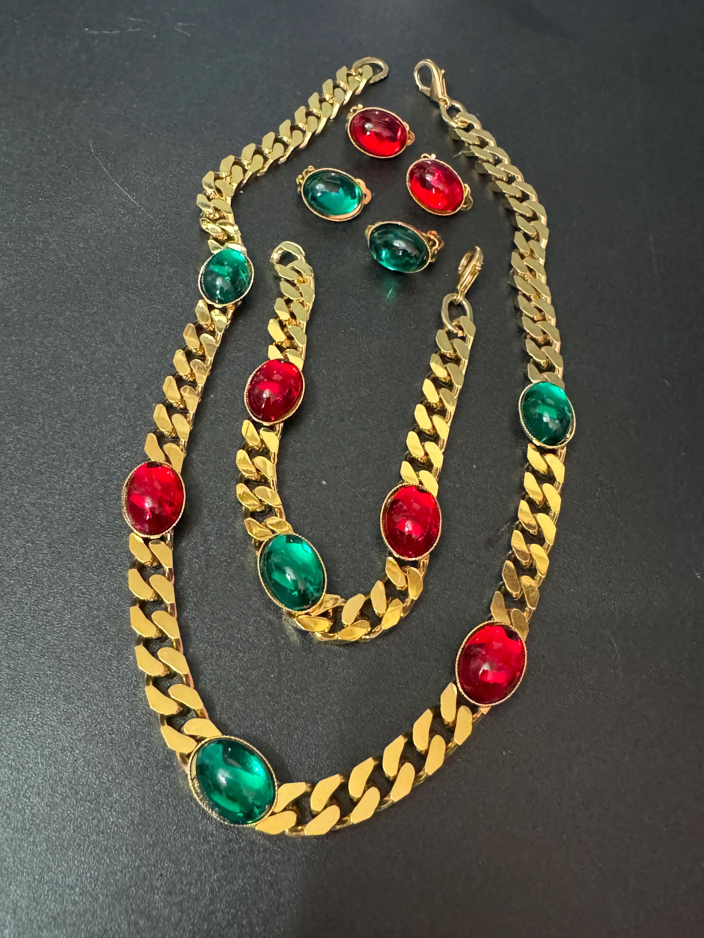 Vintage gold tone emerald green and ruby red cabochon long layering necklace bracelet and oval small clip on earrings 2 pairs matching set
