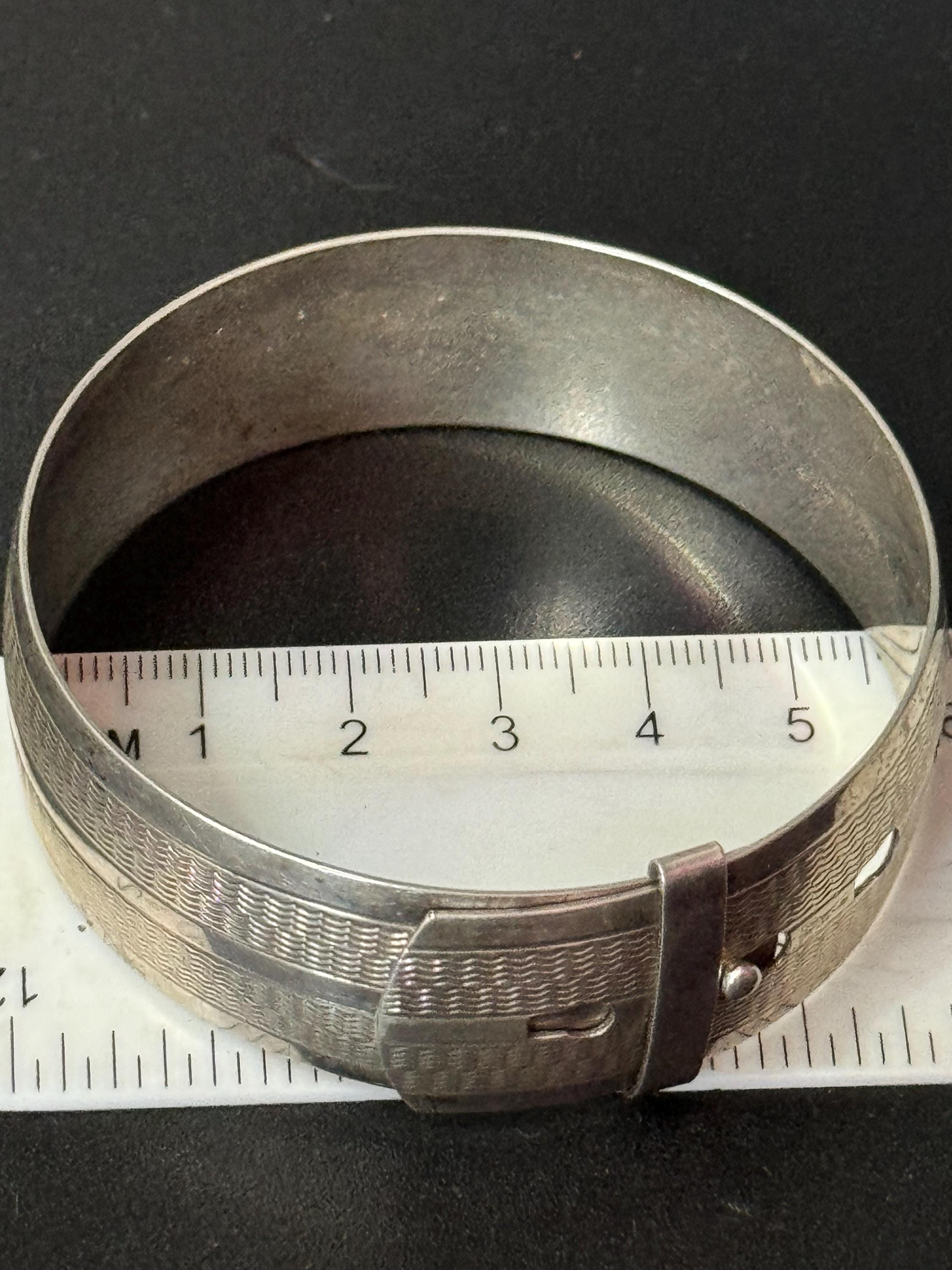Vintage art deco 925 sterling silver wide belt buckle adjustable Cuff Bangle Bracelet 23.8 grams engine turned