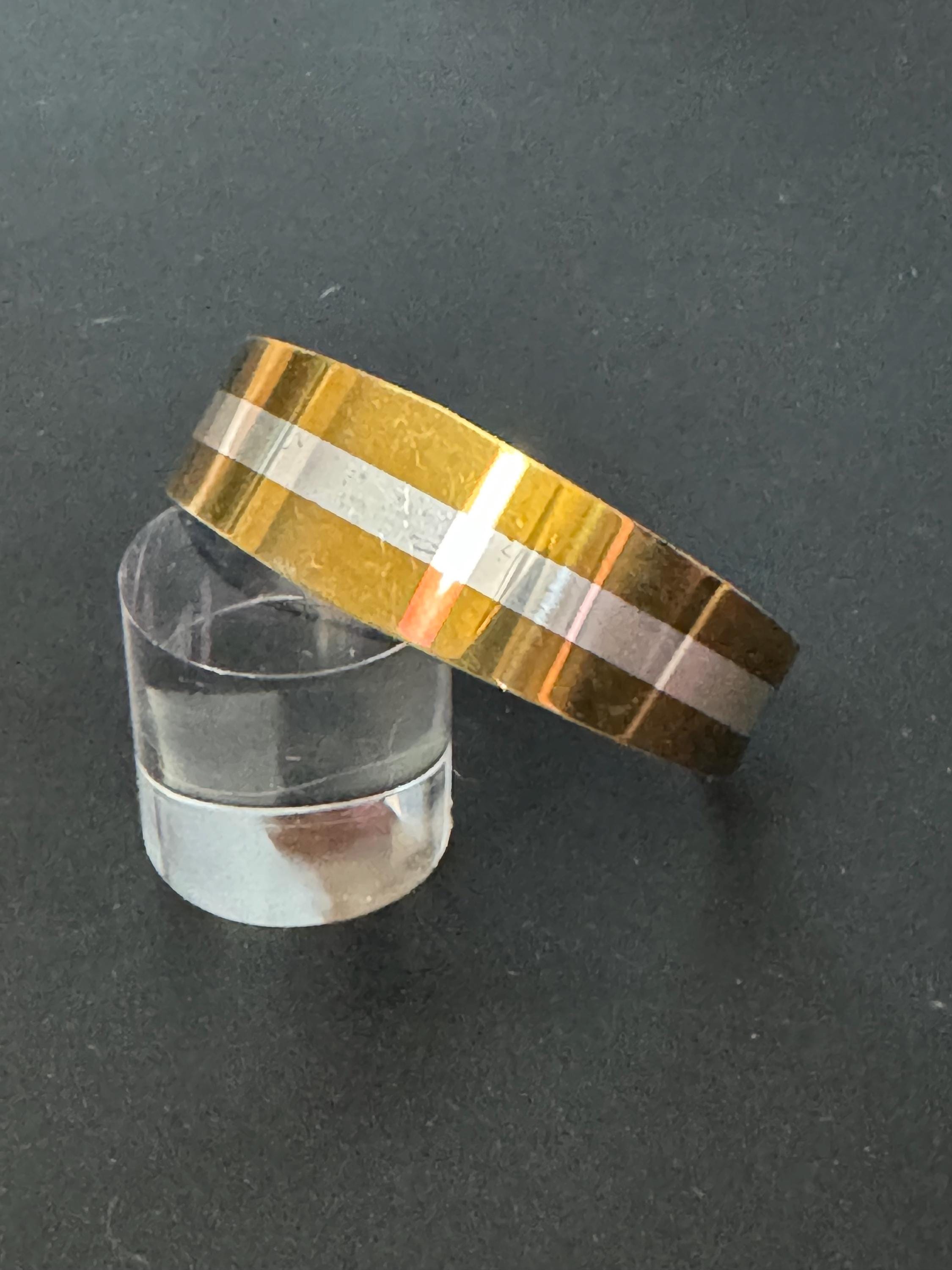 Vintage 1979s LILLIAN VERNON 925 Sterling Silver Inlay Vintage 2 Tone Cuff  bangle Bracelet grams modernist abstract design 1976 brass