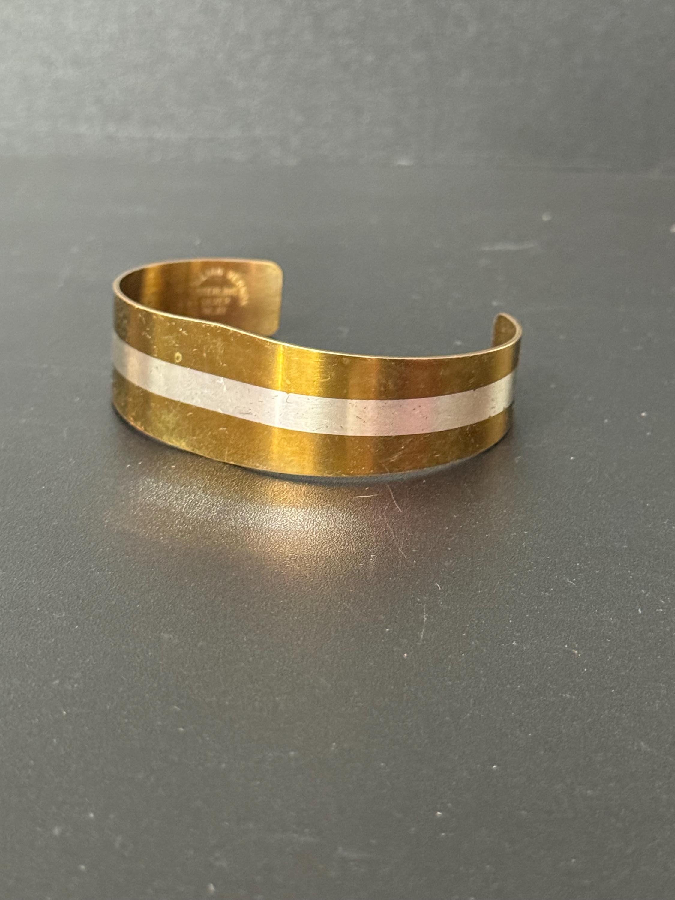 Vintage 1979s LILLIAN VERNON 925 Sterling Silver Inlay Vintage 2 Tone Cuff  bangle Bracelet 15.7 grams modernist abstract design 1976 brass
