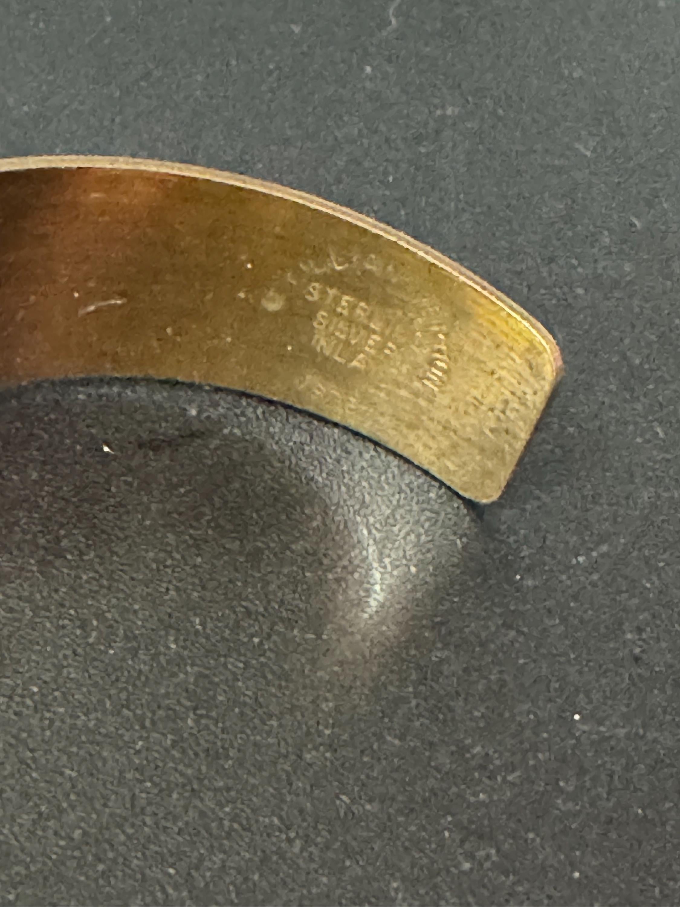 Vintage 1979s LILLIAN VERNON 925 Sterling Silver Inlay Vintage 2 Tone Cuff  bangle Bracelet 15.7 grams modernist abstract design 1976 brass