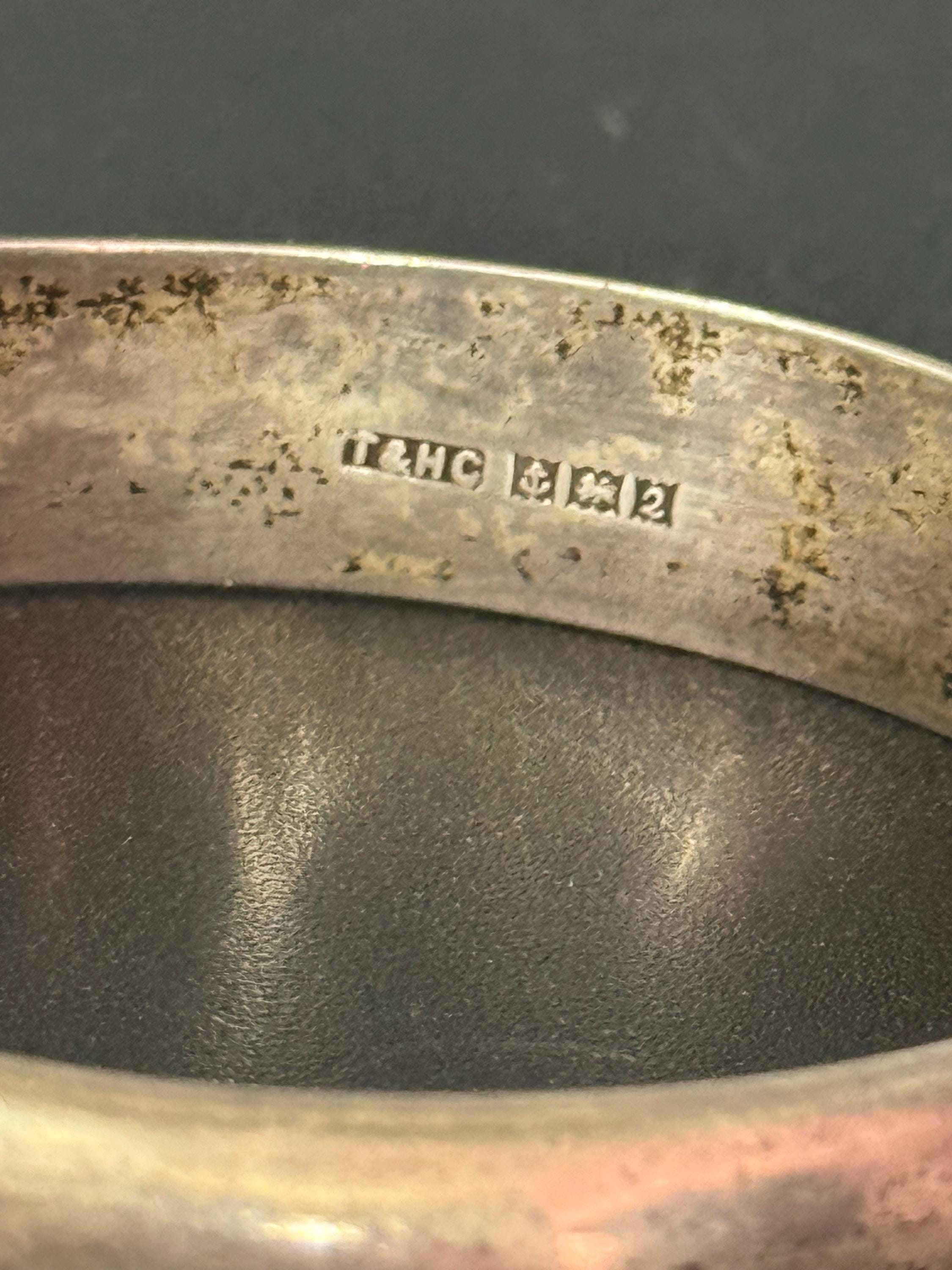 clamper bangle 1960s T&HC Birmingham hallmarked Sterling silver Etched floral 12mm wide 20 grams