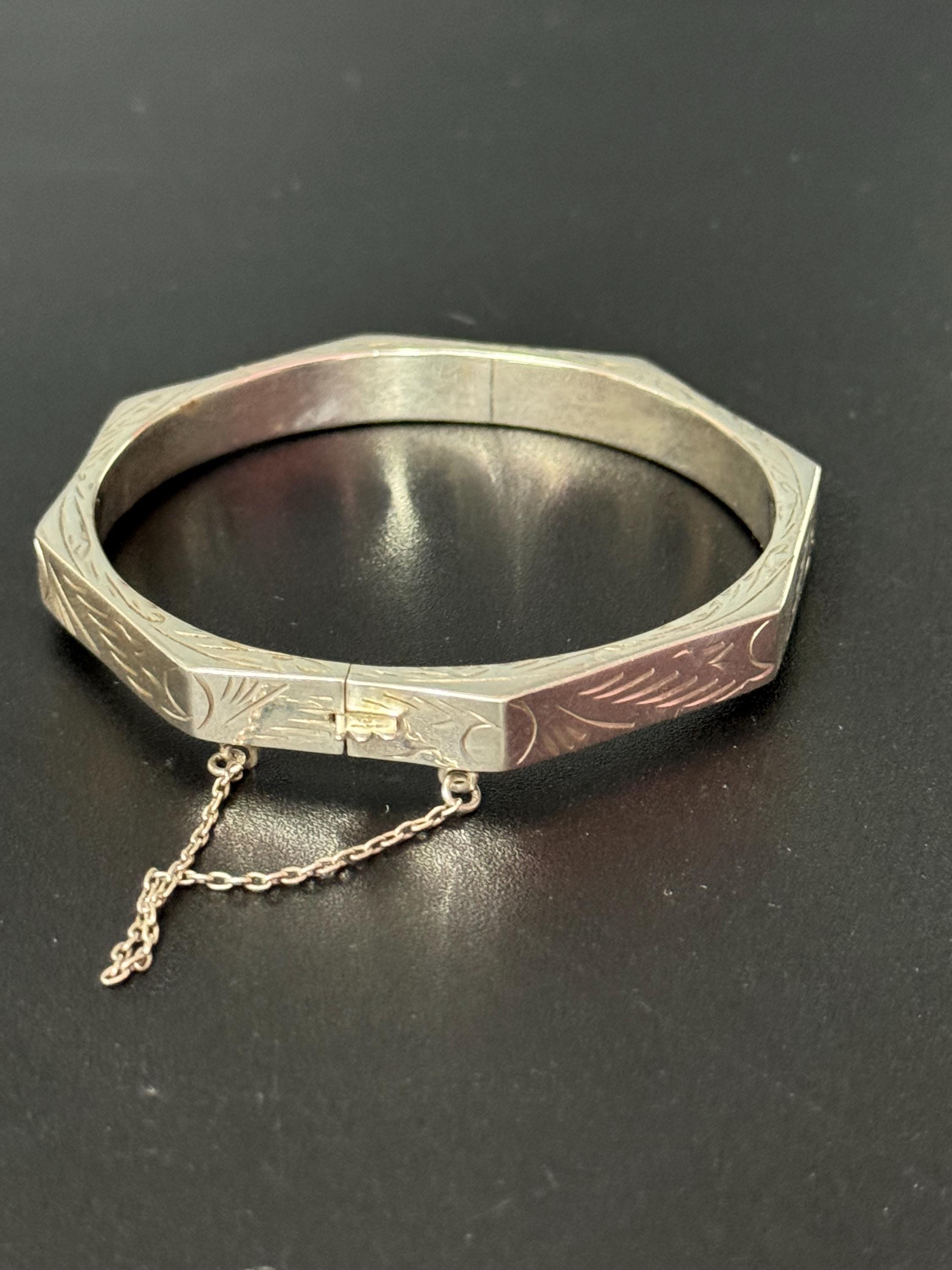 Hexagonal etched clamper bangle stamped 925 for Sterling silver floral 8mm wide 13.3grams