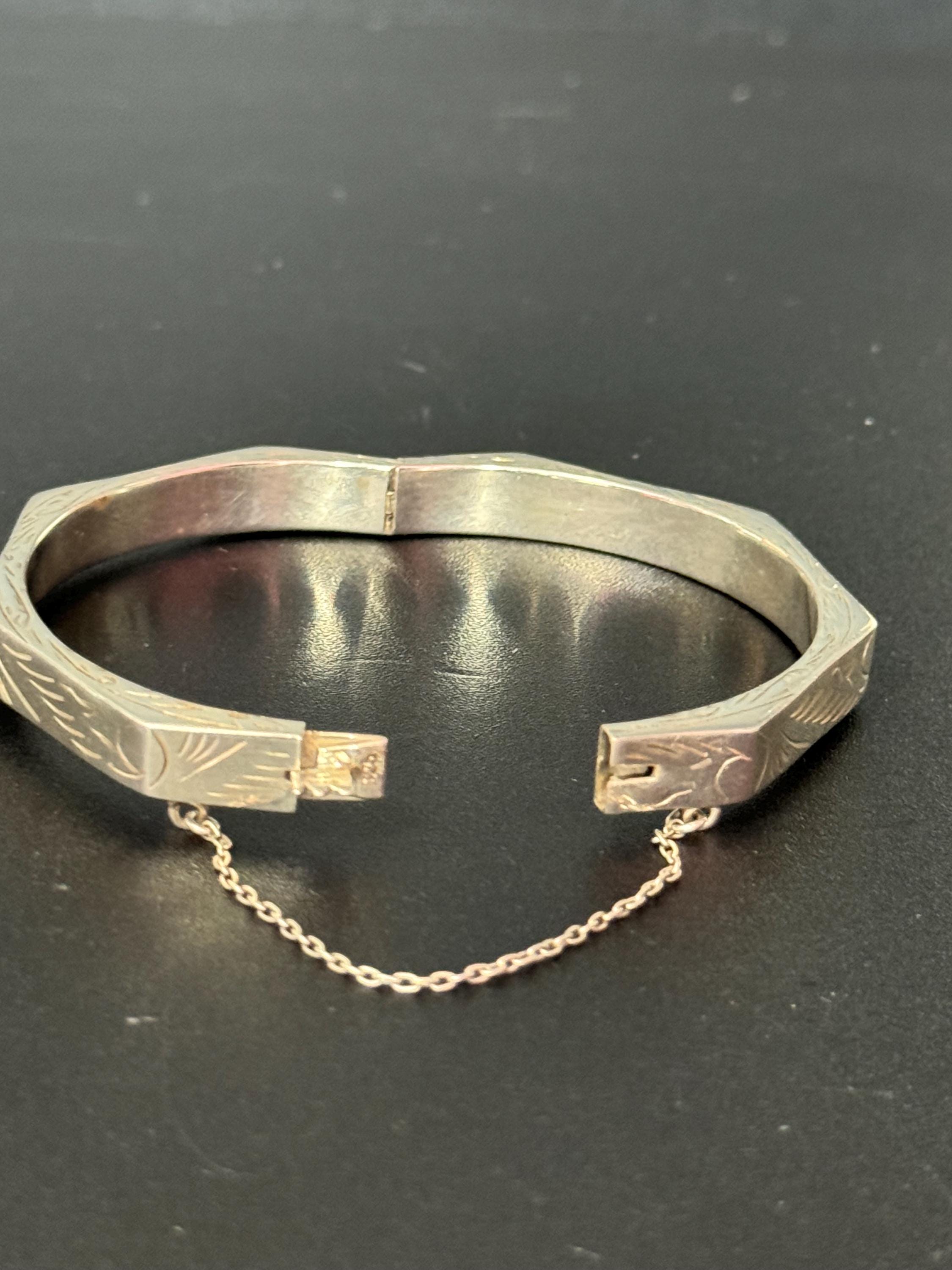 Hexagonal etched clamper bangle stamped 925 for Sterling silver floral 8mm wide 13.3grams