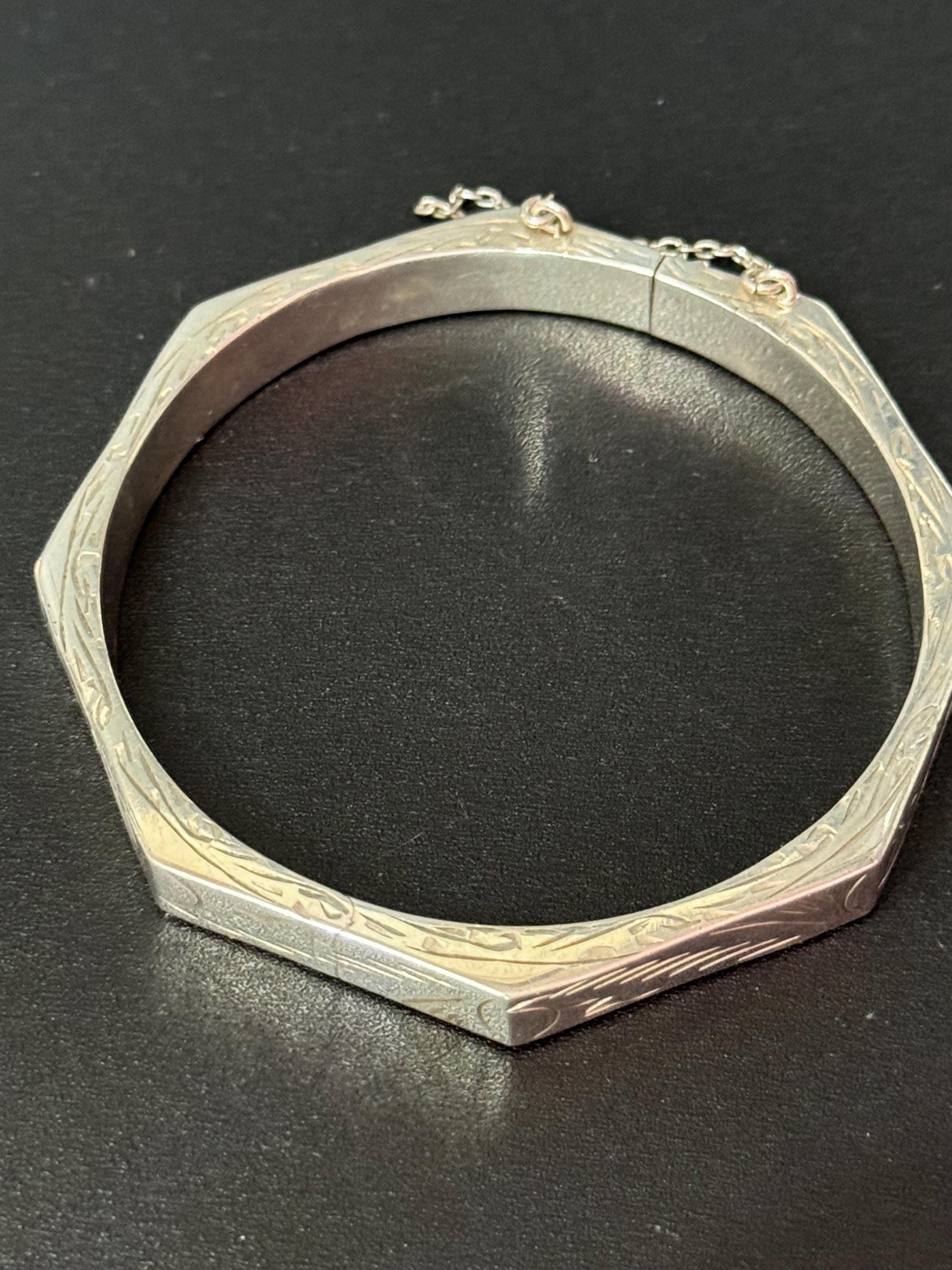 Hexagonal etched clamper bangle stamped 925 for Sterling silver floral 8mm wide 13.3grams