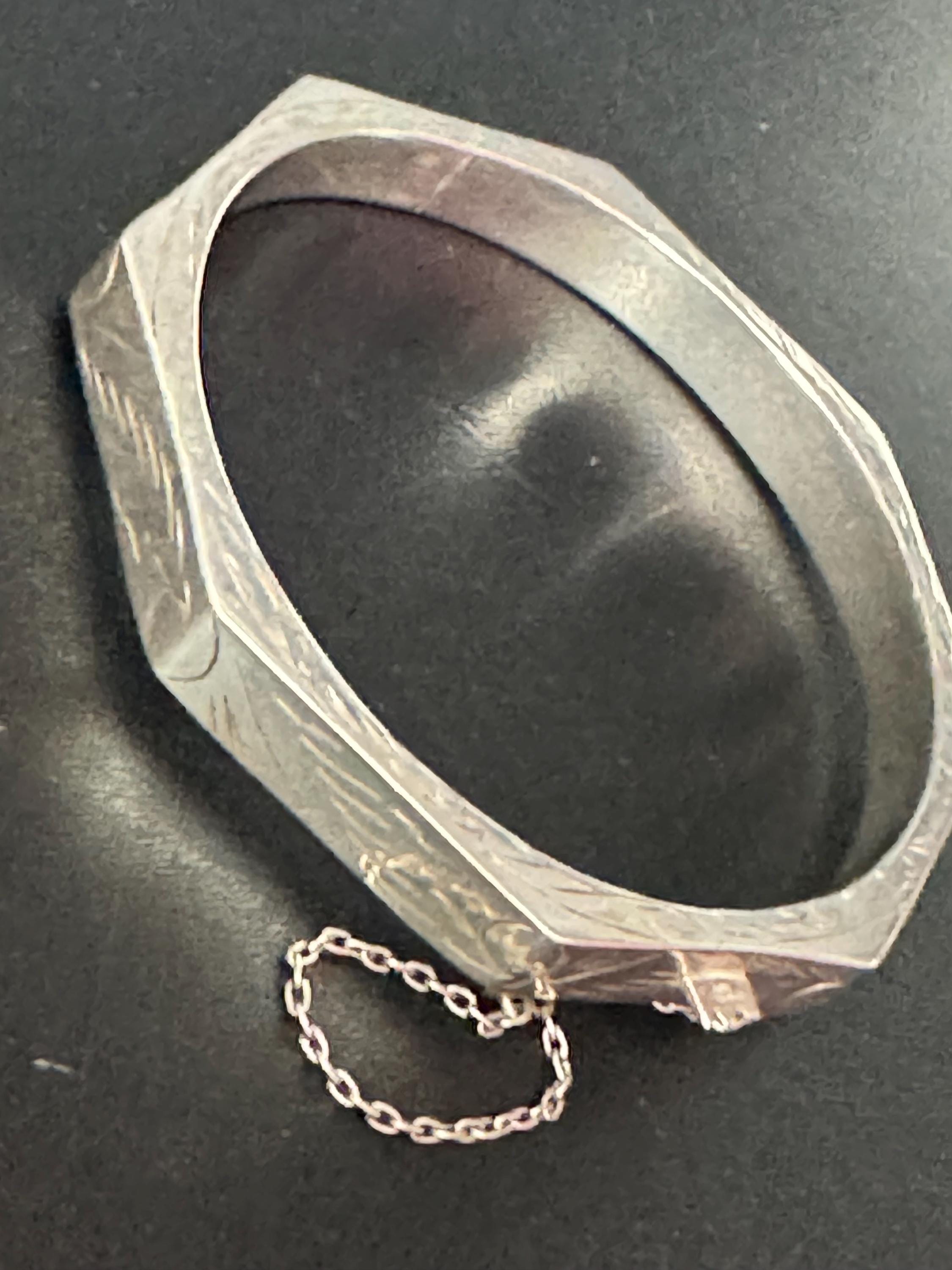 Hexagonal etched clamper bangle stamped 925 for Sterling silver floral 8mm wide 13.3grams