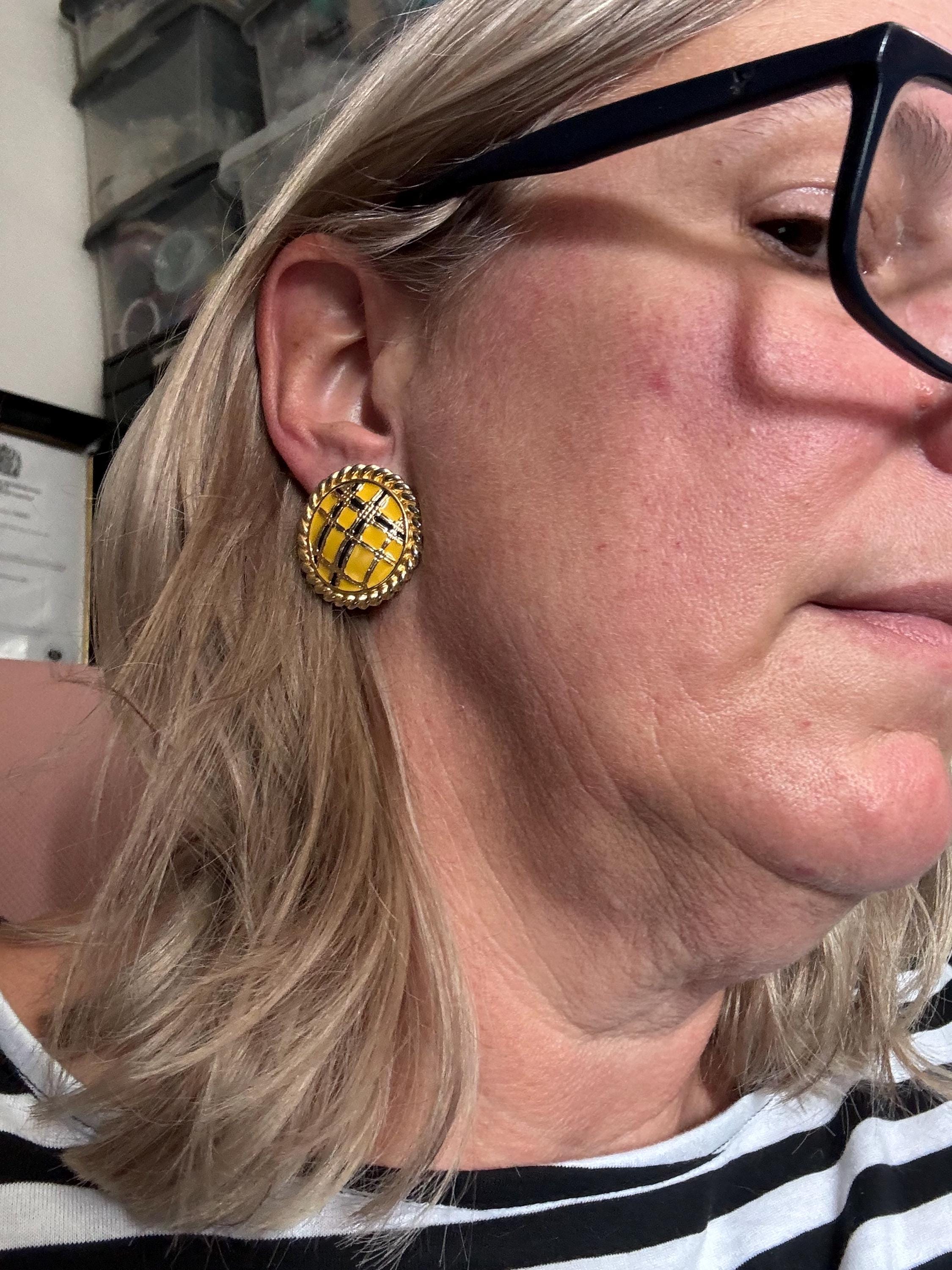 Vintage Gold tone dark yellow woven style enamel Clip on earrings 1980s 1990s