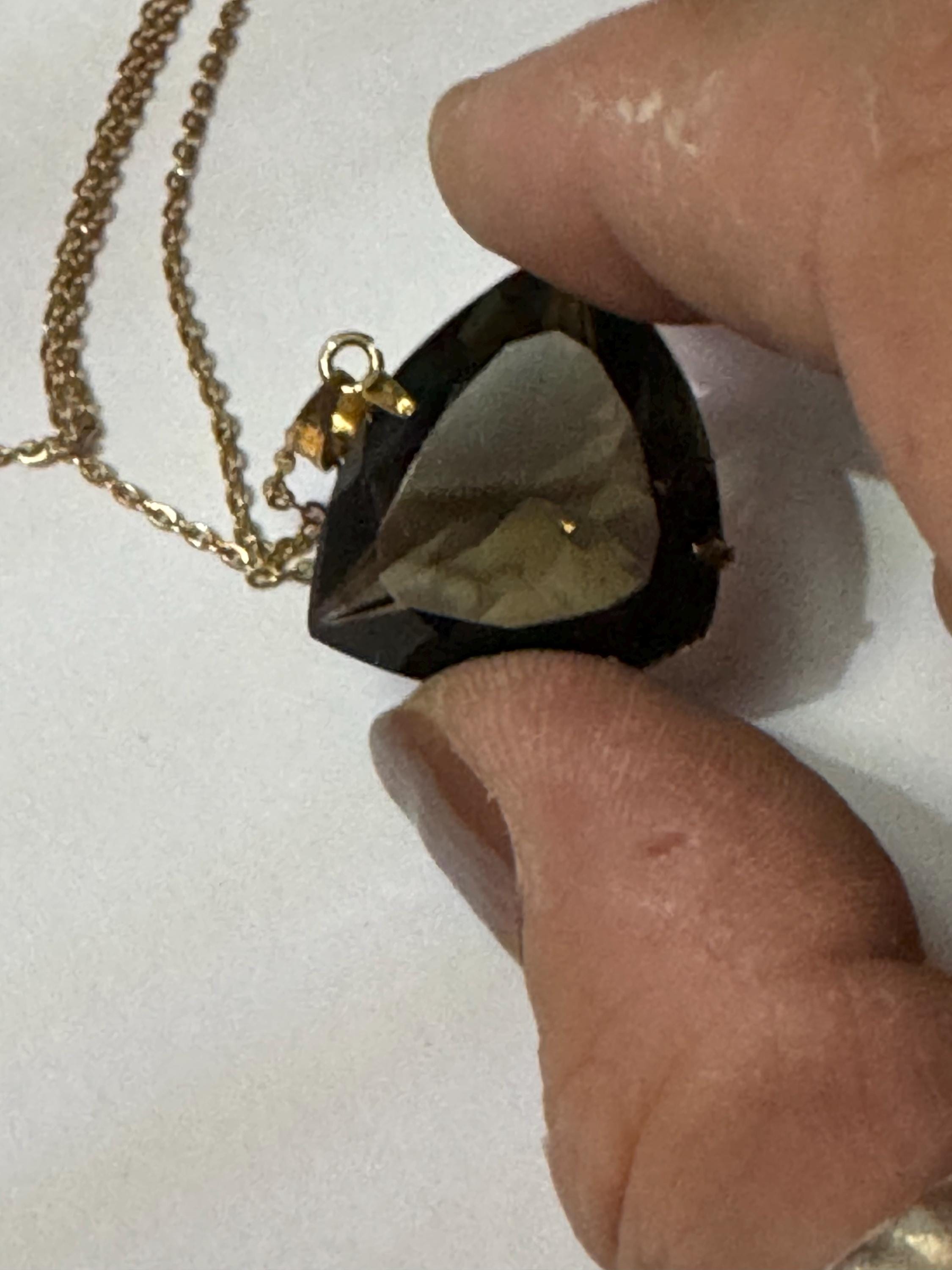 Vintage silver gilt gold tone brown cognac glass pendant on a 44cm chain brutalist