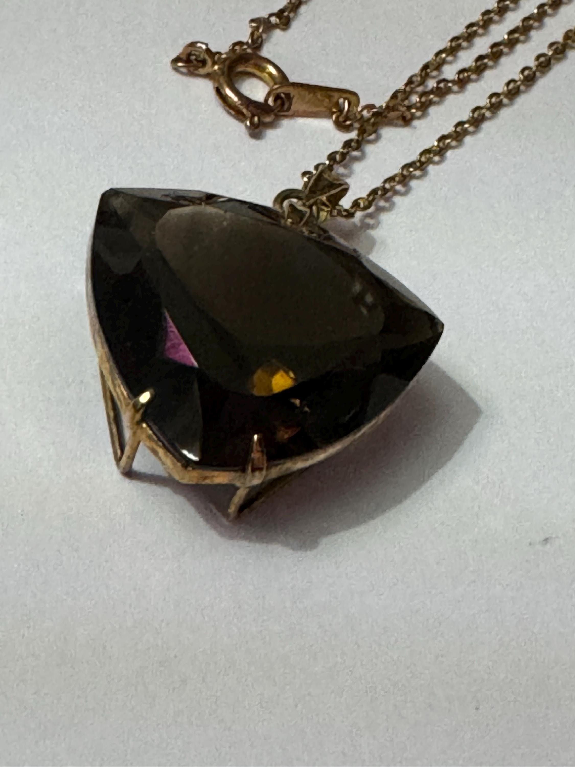 Vintage silver gilt gold tone brown cognac glass pendant on a 44cm chain brutalist