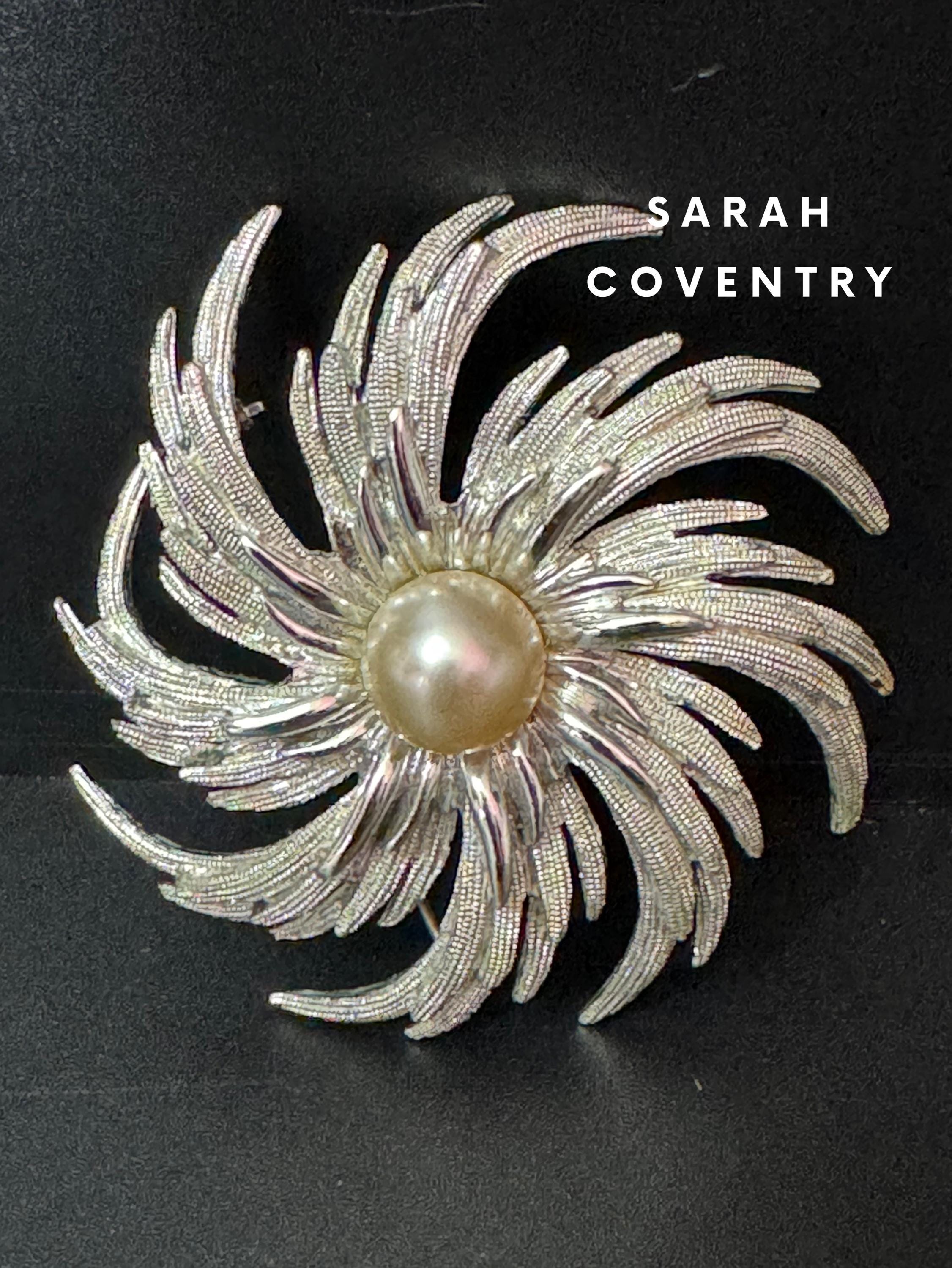 Signed Sarah Coventry modernist flower brooch silver tone with central Pearl cabochon