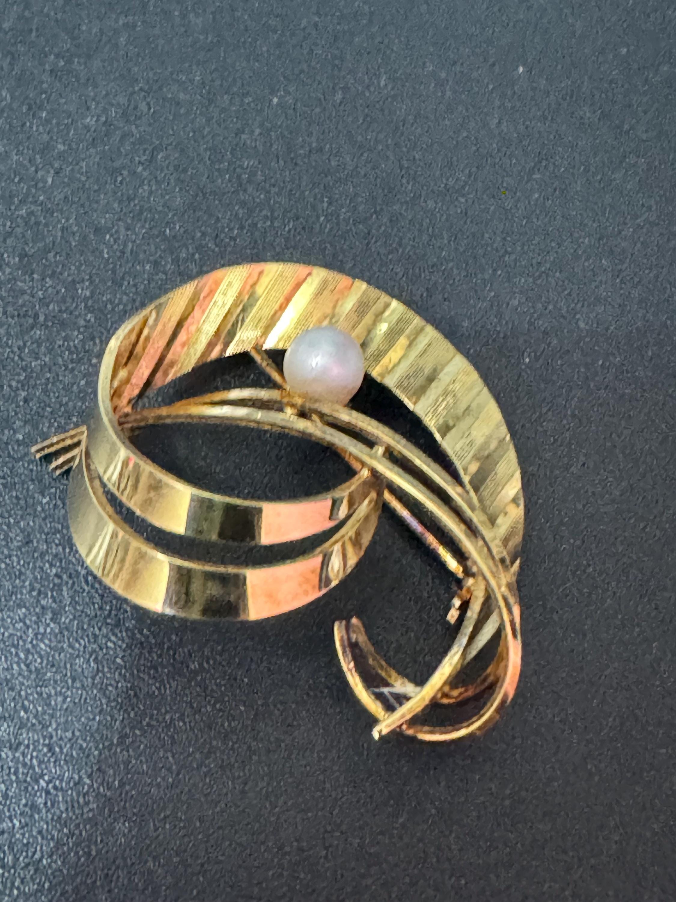 Signed A and D Rolled Gold textured abstract brooch with genuine pearl 1950s
