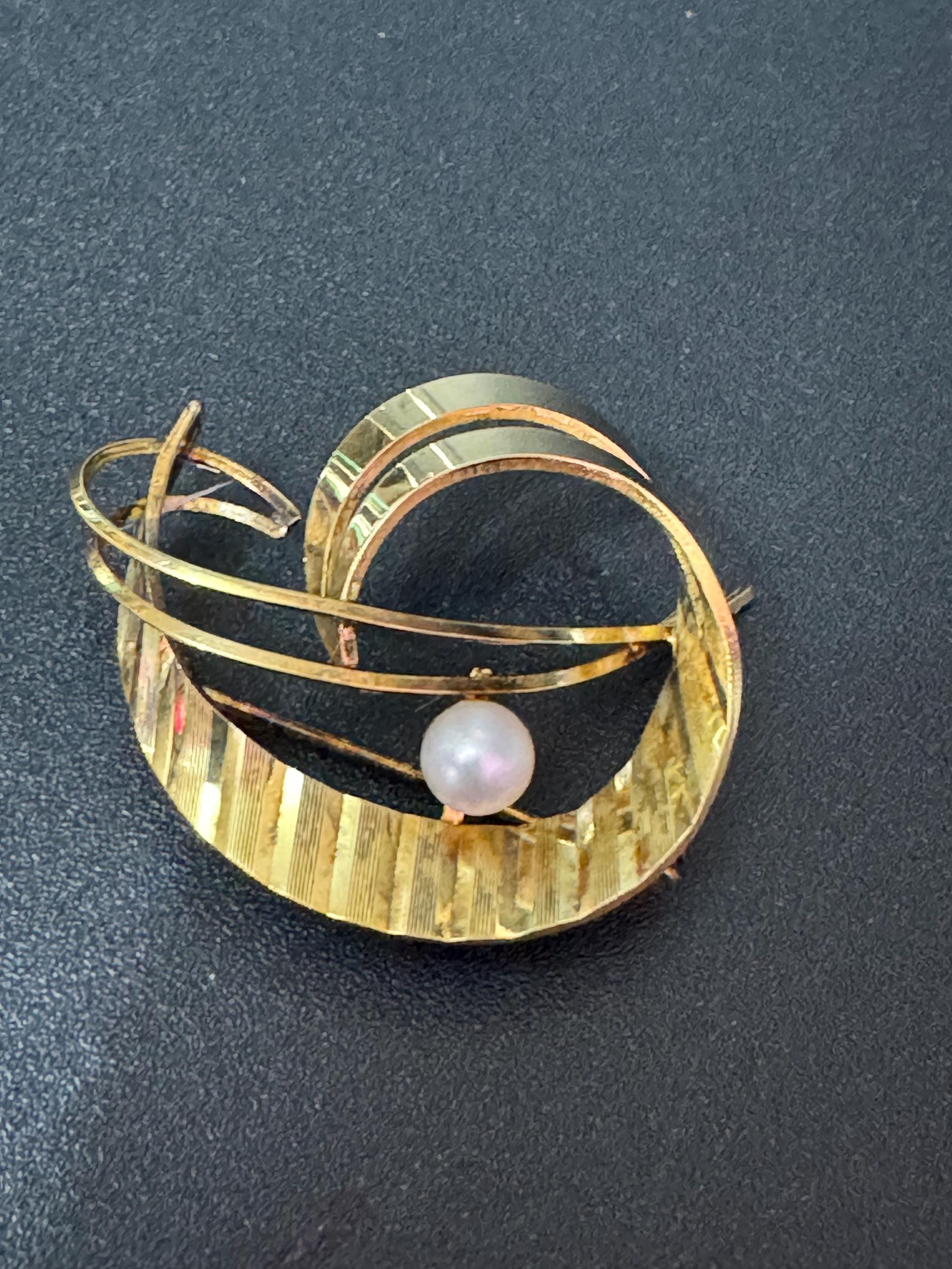 Signed A and D Rolled Gold textured abstract brooch with genuine pearl 1950s