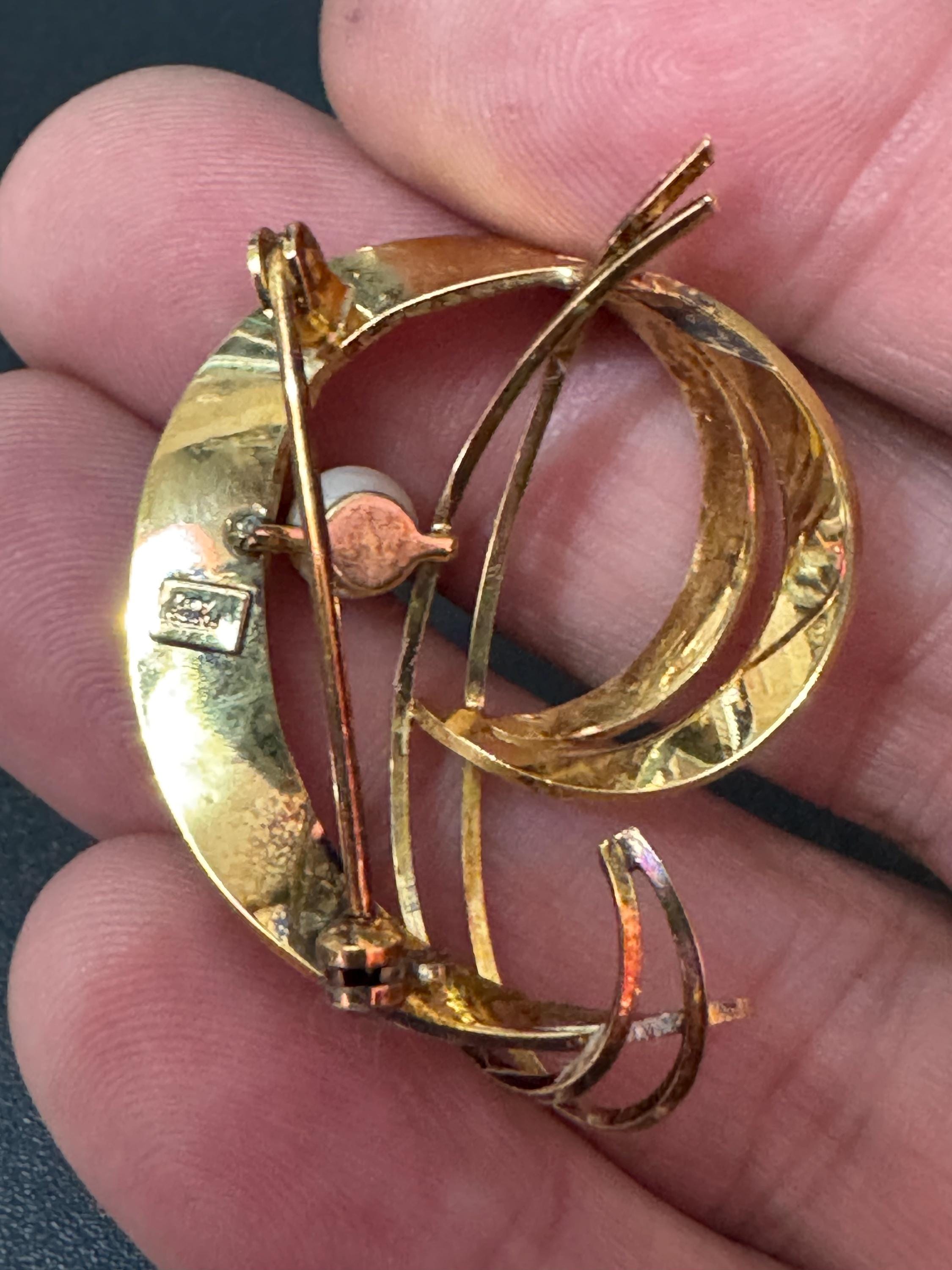 Signed A and D Rolled Gold textured abstract brooch with genuine pearl 1950s