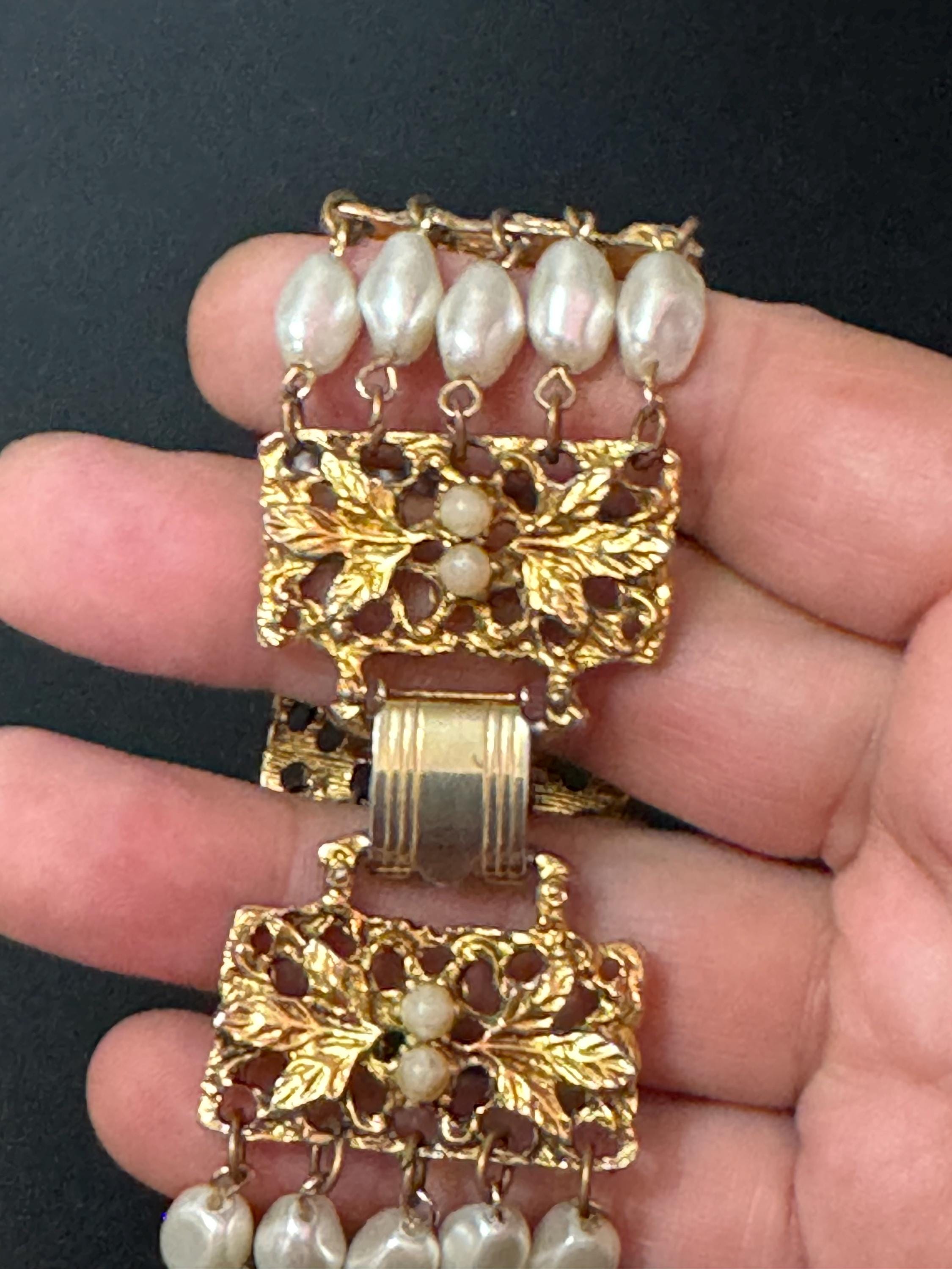Signed Celebrity Vintage wide gold tone ornate faux pearl chain link modernist bracelet 1970s 1960s statement mid century
