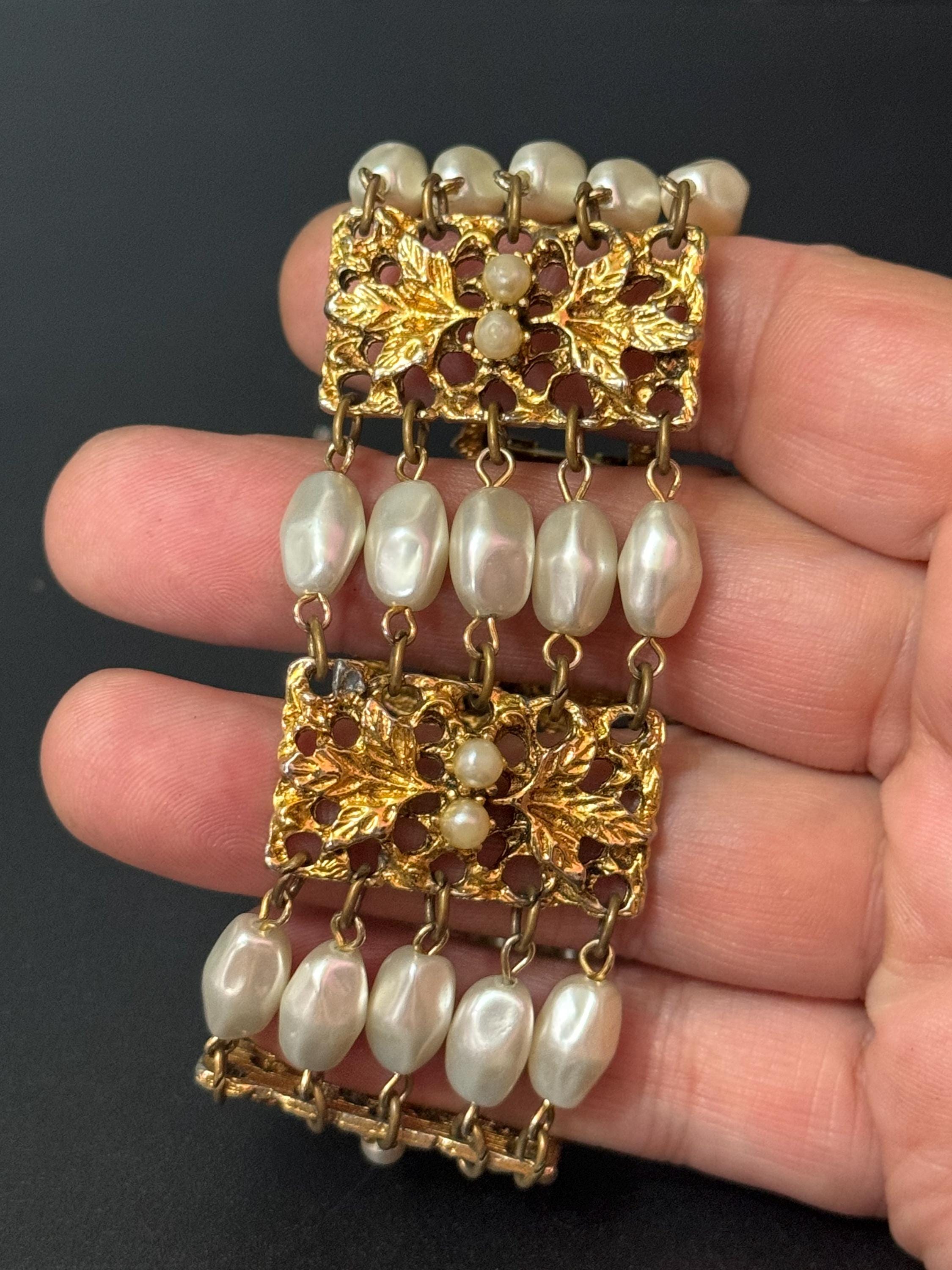 Signed Celebrity Vintage wide gold tone ornate faux pearl chain link modernist bracelet 1970s 1960s statement mid century