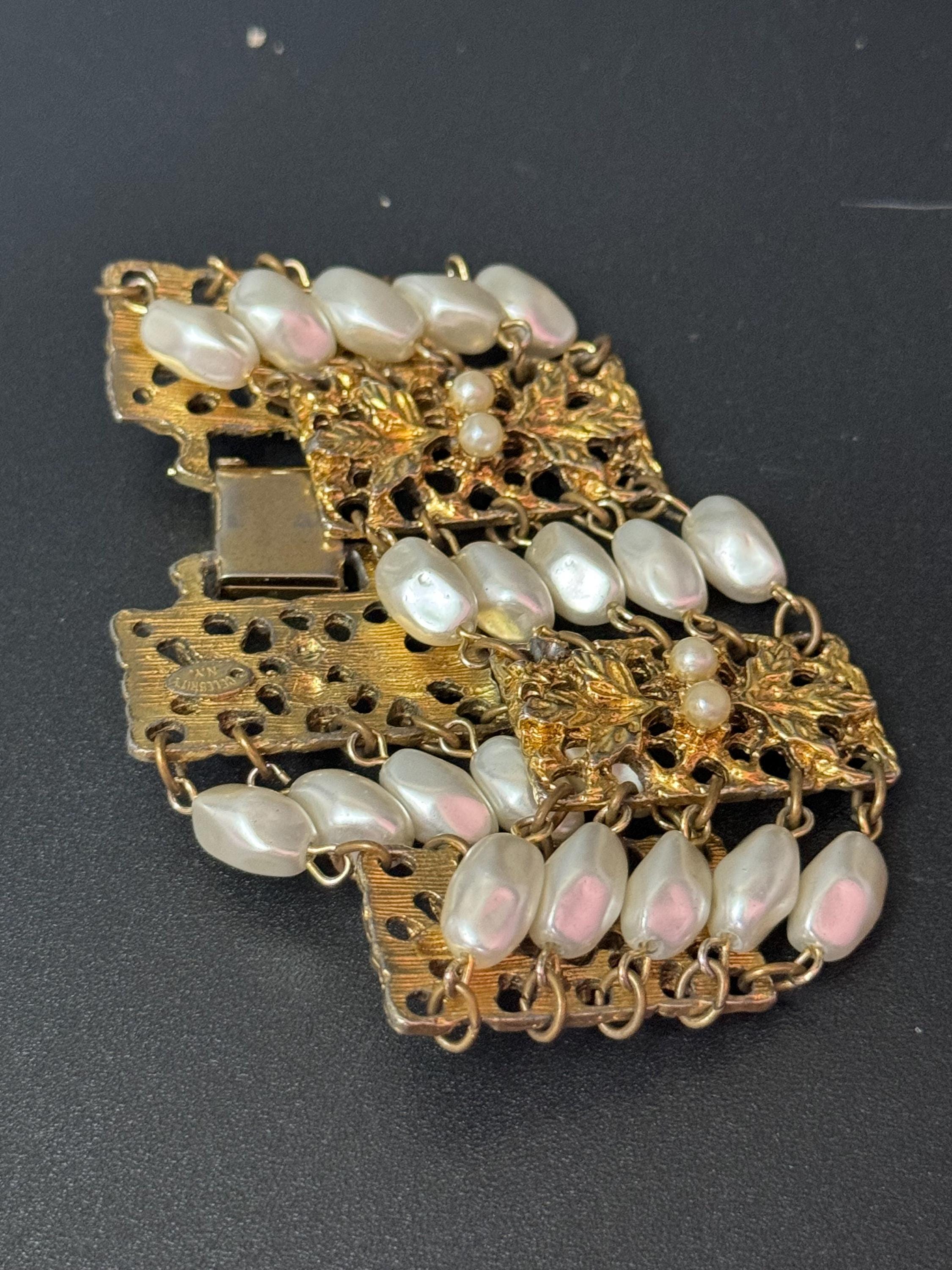 Signed Celebrity Vintage wide gold tone ornate faux pearl chain link modernist bracelet 1970s 1960s statement mid century