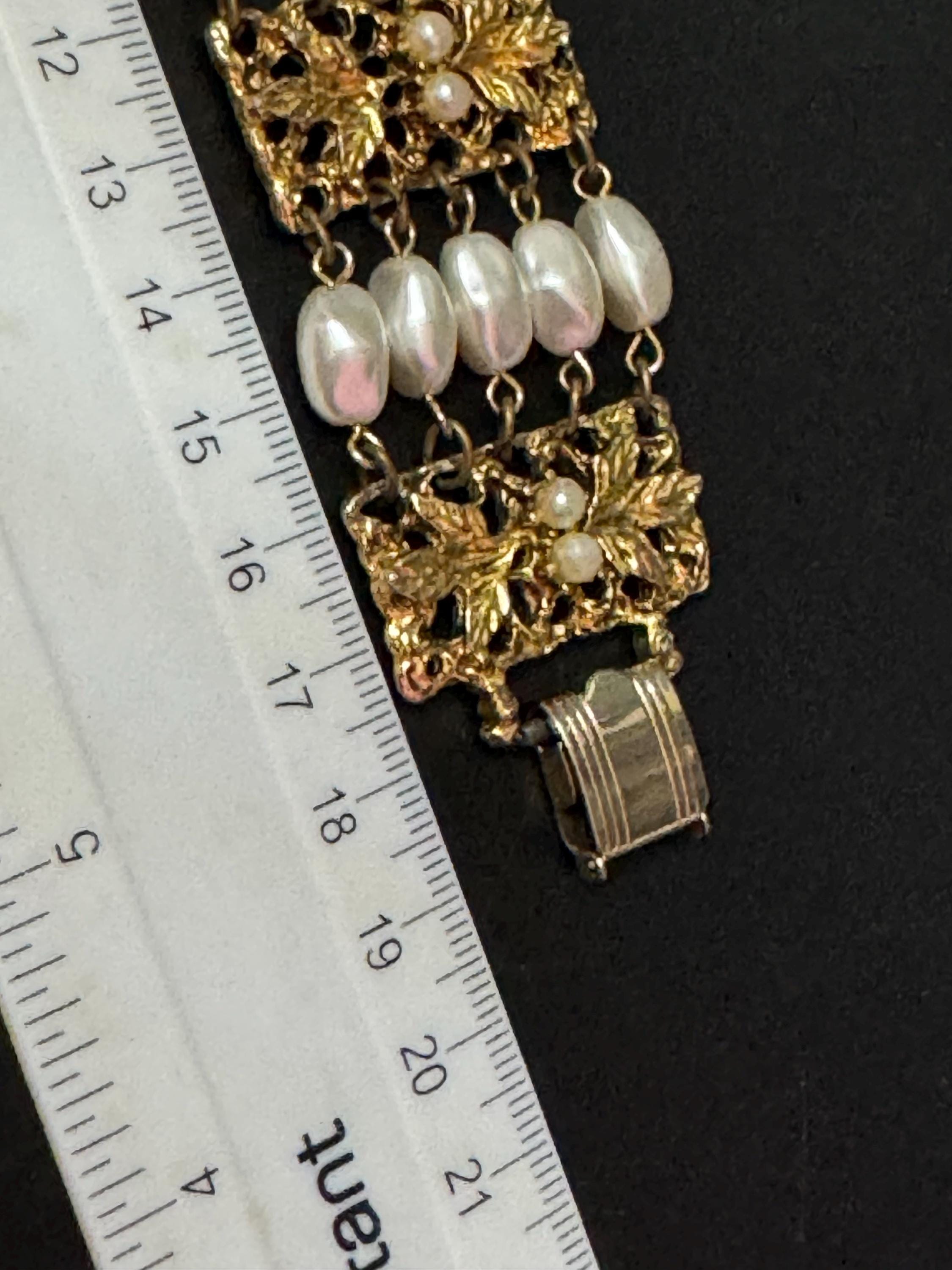 Signed Celebrity Vintage wide gold tone ornate faux pearl chain link modernist bracelet 1970s 1960s statement mid century