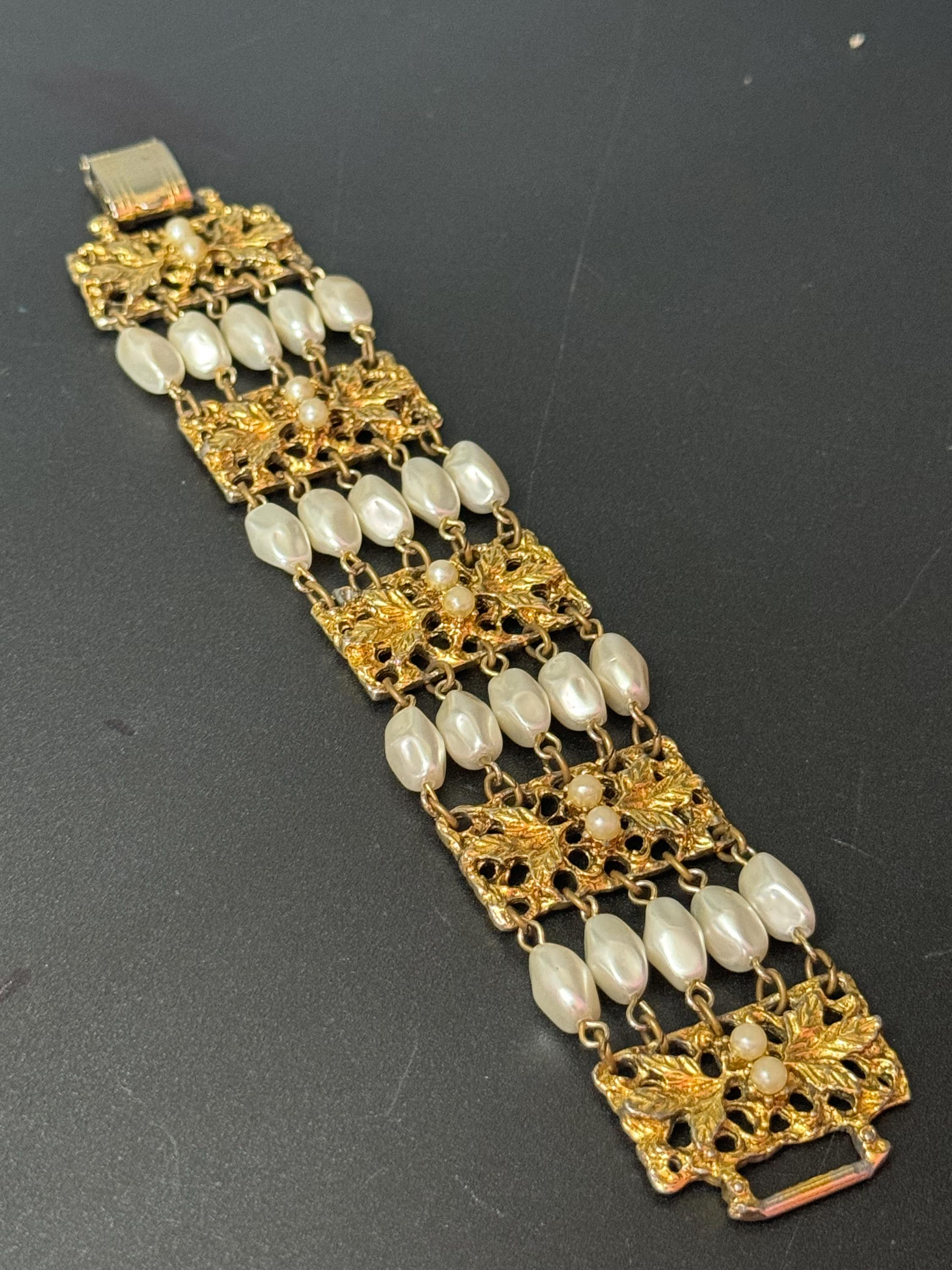 Signed Celebrity Vintage wide gold tone ornate faux pearl chain link modernist bracelet 1970s 1960s statement mid century