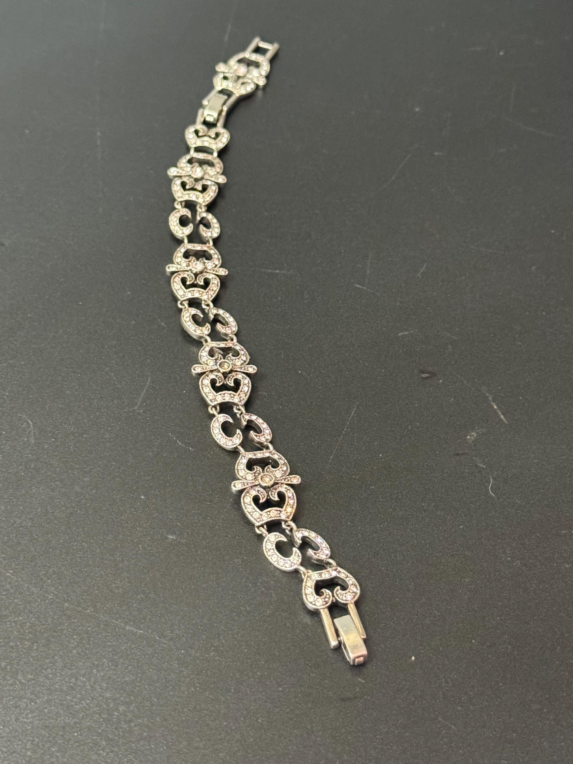 Signed JBK Jaqueline Kennedy vintage silver plated clear diamanté art deco panel bracelet with extender links